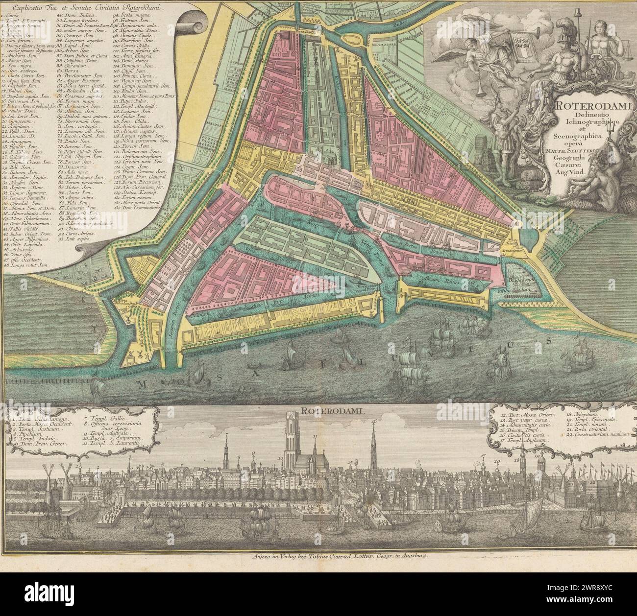 Mappa e profilo di Rotterdam, Roterodami delineatio ichnographica et scenographia (titolo sull'oggetto), in alto a sinistra la leggenda 1-132 della mappa in latino. In alto a destra c'è il cartiglio del titolo circondato da mercurio, fama con lo striscione della città su una delle sue trombe, la città vergine di Rotterdam, Justitia e Nettuno. Sotto la mappa un profilo della città con una leggenda 1-11 in latino in alto a sinistra e una leggenda 12-22 in latino in alto a destra., stampatore: Matthaeus Seutter (III), (possibilmente), Matthaeus Seutter (III), editore: Tobias Conrad Lotter, Augusta, c . 1731 - 1757 e/o 1757 - 1777, carta Foto Stock