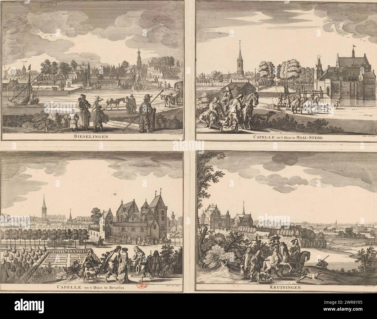 Vista di Biezelinge, Kapelle e il castello di Maalstede, Kapelle e il castello di Bruëlis, e Kruiningen, Bieselingen / Capelle con 't Huis te Maal-Stede / Capelle e 't Huis te Bruëlis / Kruiningen (titolo sull'oggetto), Foglio con quattro viste dei luoghi di Zuid-Beveland: in alto a sinistra il villaggio di Biezelinge, in alto a destra il villaggio di Kapelle (a sinistra) e Kasteel Maalstede (a destra), in basso a sinistra il villaggio di Kapelle (a sinistra) e Kasteel Bruëlis (a destra) e in basso a destra il villaggio di Kruiningen., stampatore: Pieter Hendricksz. Schut, editore: Weduwe Joachim Ottens en Zoonen, Amsterdam Foto Stock