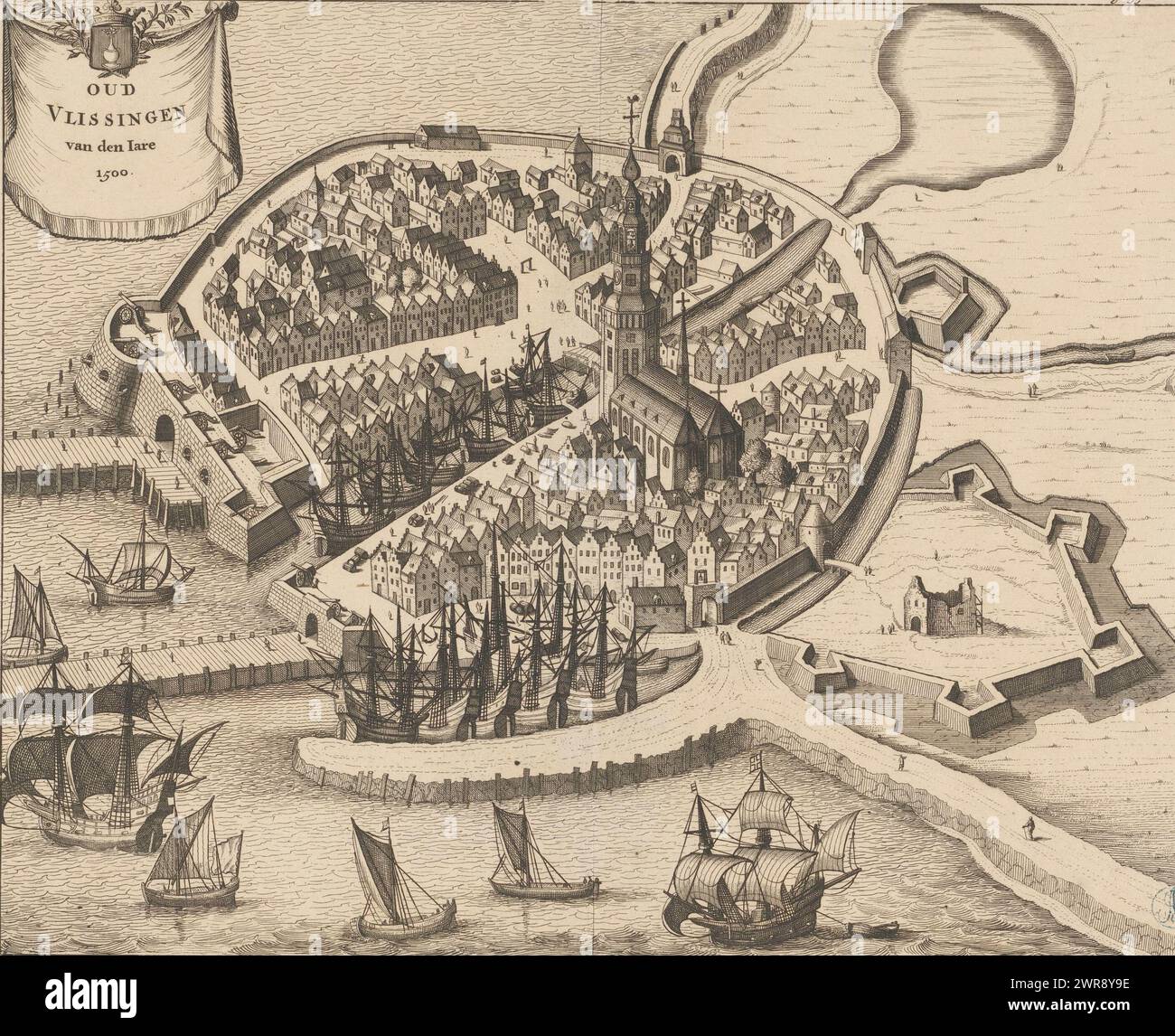 Mappa di Vlissingen, 1500, Oud Vlissingen van den iare 1500 (titolo sull'oggetto), mappa di Vlissingen dall'occhio d'uccello, come avrebbe guardato intorno al 1500. In alto a sinistra un cartiglio con il titolo e lo stemma della città. Tagliare il bordo interno della piastra, quindi numerare in alto a destra ma parzialmente visibile [Page. 556]., print maker: Anonimo, print maker: Johannes Meertens, (possibilmente), editore: Abraham van Someren, (possibilmente), print maker: Middelburg, editore: Amsterdam, 1696, carta, incisione, incisione, altezza 275 mm x larghezza 337 mm, stampa Foto Stock