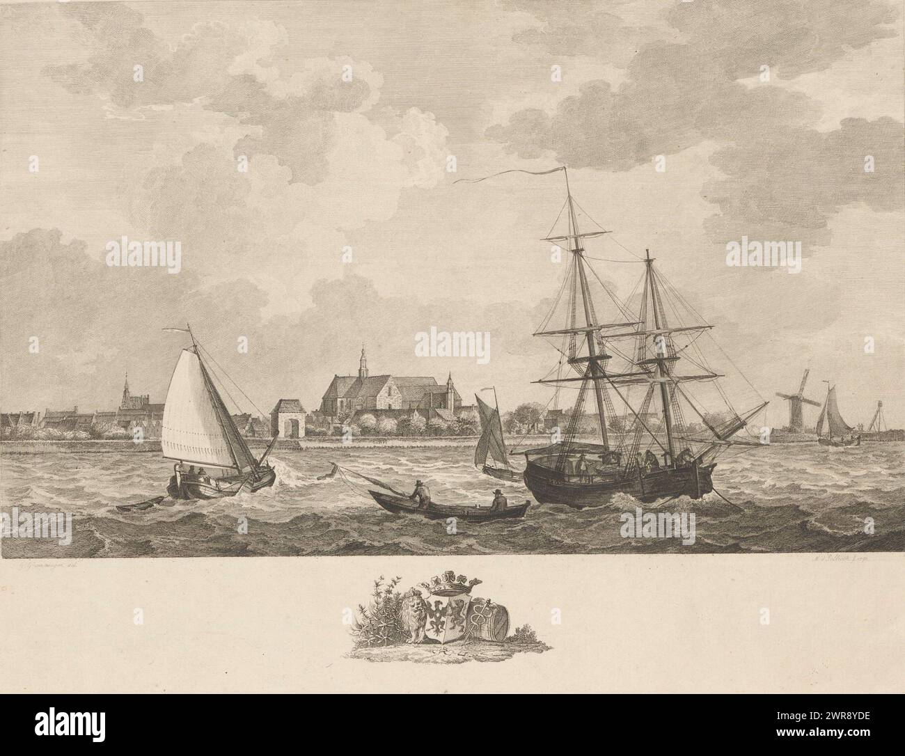 Vista del porto di Brouwershaven, vista del porto di Brouwershaven su Schouwen-Duiveland con varie navi a vela. Nel margine al centro lo stemma della città., tipografo: Mathias de Sallieth, dopo disegno di: Gerrit Groenewegen, 1764 - 1787, carta, incisione, incisione, altezza 280 mm x larghezza 377 mm, stampa Foto Stock