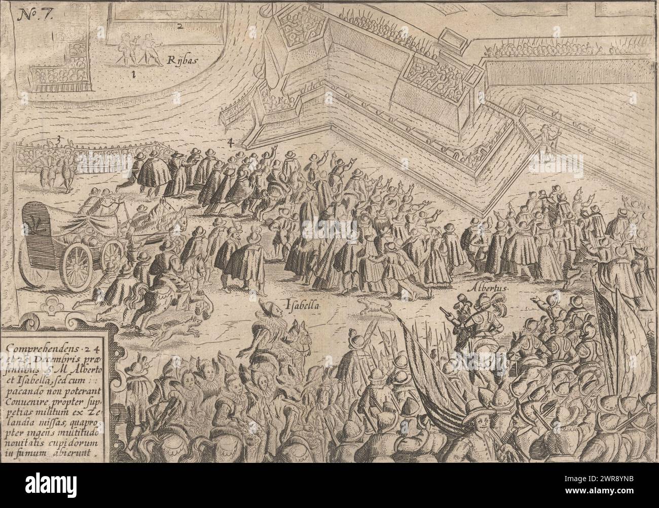 Assedio di Ostenda: L'armistizio del 24 e 25 dicembre 1601, Comprehendens 24 et 25 decemberis praesentibus SM Alberto et Isabella (...) (Titolo sull'oggetto), l'armistizio del 25 dicembre 1601. Isabella e Albrecht appaiono tra una grande folla prima della città assediata. In basso a sinistra un cartiglio con un'iscrizione in latino. In basso a destra un cartiglio con iscrizione in latino. Numerato in alto a sinistra: 7., stampatore: Anonimo, stampatore: Baptista van Doetechum, (possibilmente), 1601 - 1604 e/o 1615, carta, incisione, altezza 170 mm x larghezza 240 mm Foto Stock