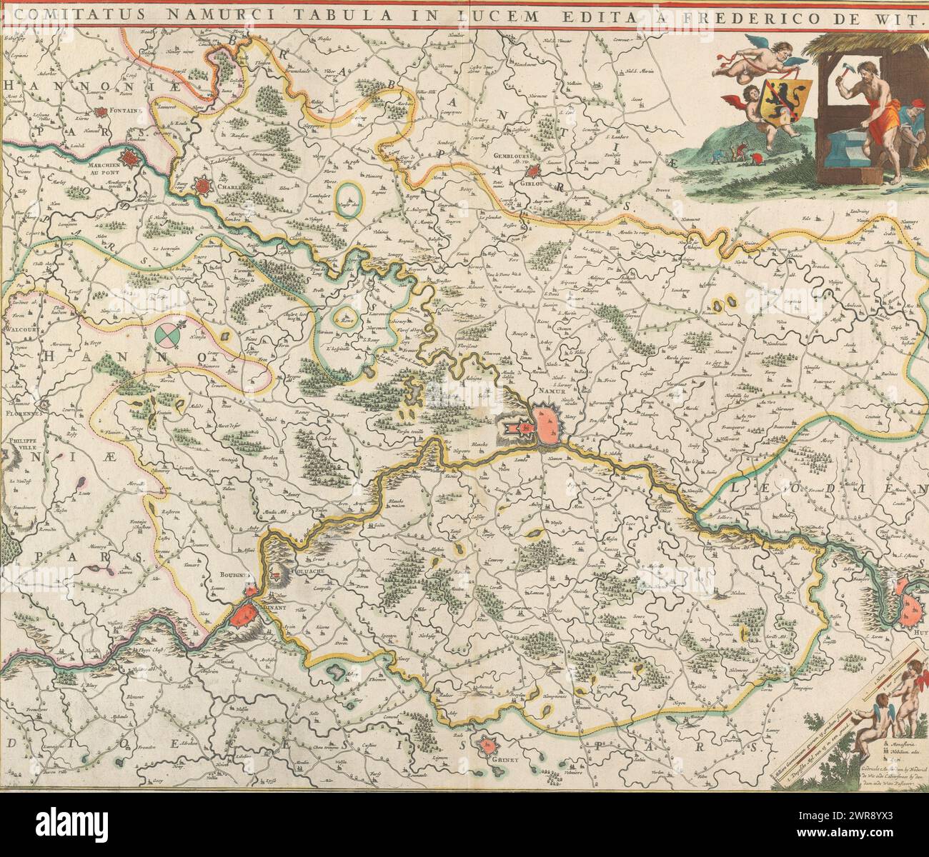 Mappa della contea di Namur, Comitatus Namurci tabula in lucem (titolo sull'oggetto), Mappa della contea di Namur. Il titolo si trova in una barra sopra la mappa. In alto a destra lo stemma di Hainaut, portato da due putti in una fucina. In basso a destra due putti con un bastone di scala: 1 miglio Duytsche di 15 gradi / 1 ora gaens., stampatore: Anonimo, editore: Frederik de WIT, Amsterdam, 1666 - 1670, carta, incisione, incisione, altezza 470 mm x larghezza 552 mm, stampa Foto Stock