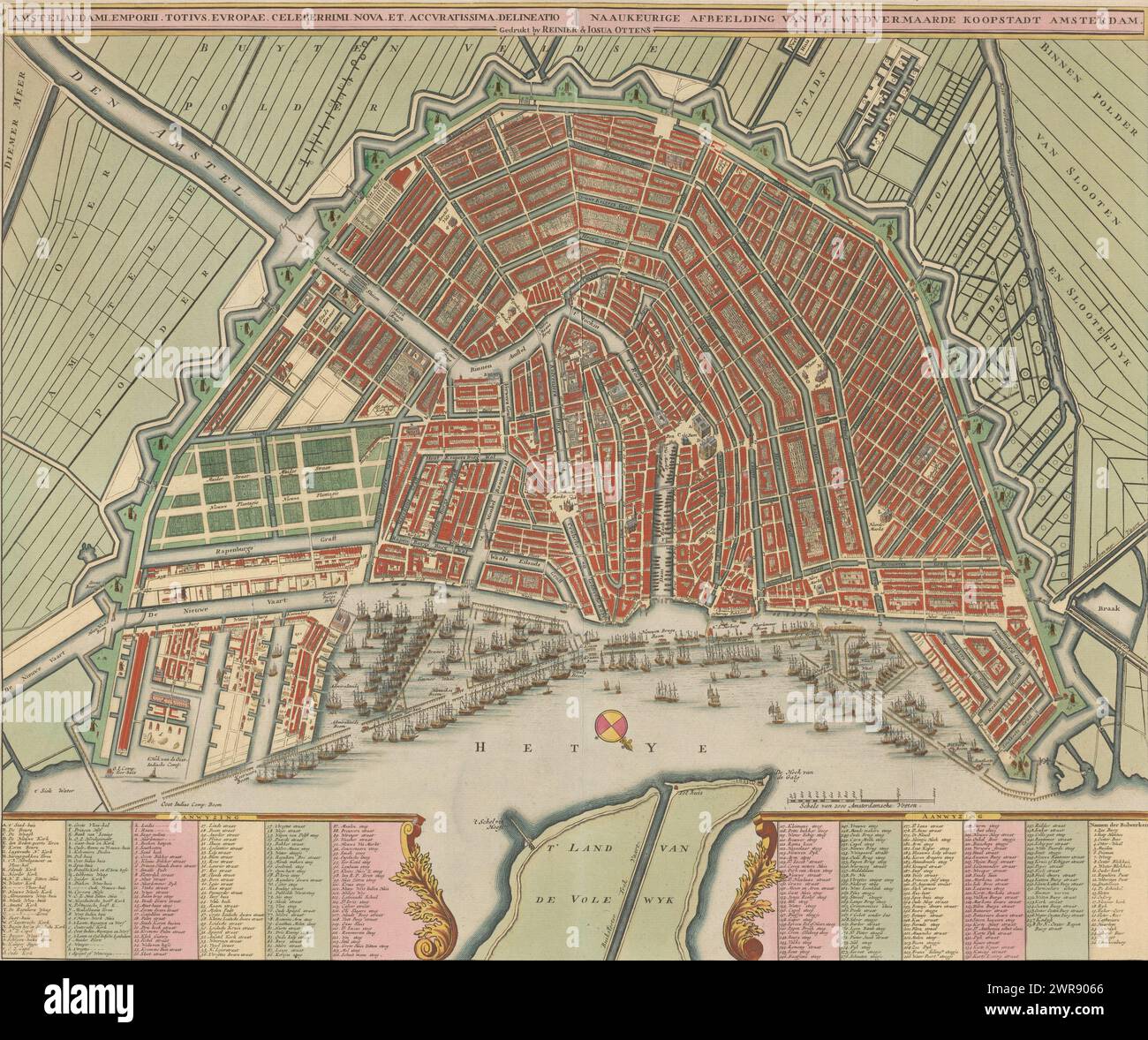 Mappa di Amsterdam, immagine accurata della famosa città dello shopping di Amsterdam / Amstelaedami. Emporii. Tozio. Europae. Celeberrimi. Nova. Et. Accuratissima. Delineatio (titolo su oggetto), Pianifica in vista dall'alto. Il titolo in cima. In basso a sinistra la legenda A-Z, a-z, a-n e 1-116. In basso a destra la leggenda 117-258 e la leggenda delle roccaforti 1-26. Sopra di questo un bastone di scala: Scala di 2000 Amsterdamsche Voeten. Orientamento: sud-sud-ovest sopra., stampatore: Anonimo, editore: Reinier Ottens (i) & Josua, Amsterdam, 1726 - 1750, carta, incisione, incisione Foto Stock