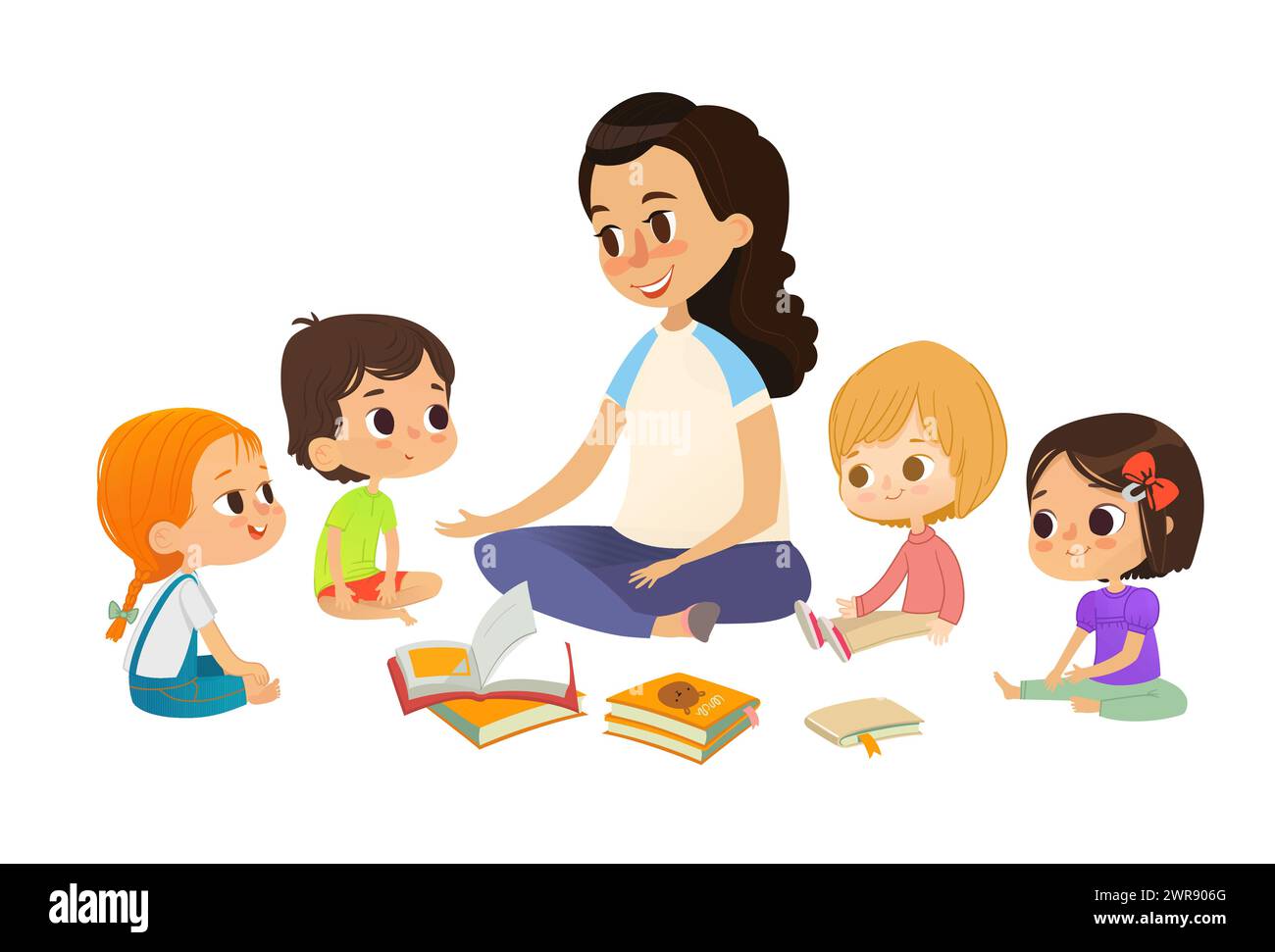 L'insegnante racconta storie e discute il libro, i bambini siedono sul pavimento in cerchio e la ascoltano. Attività in età prescolare e bambini in anticipo Illustrazione Vettoriale
