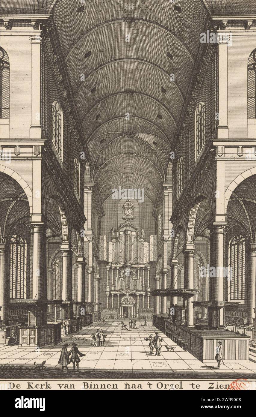 Interno del Westerkerk di Amsterdam, visto verso l'organo, la Chiesa dall'interno dell'organo da vedere (titolo sull'oggetto), interno del Westerkerk di Amsterdam, visto verso l'organo. Un certo numero di figure nella chiesa., stampatore: Daniël Stopendaal, (possibilmente), Amsterdam, 1685 - 1726, carta, incisione, incisione, altezza 263 mm x larghezza 175 mm, stampa Foto Stock