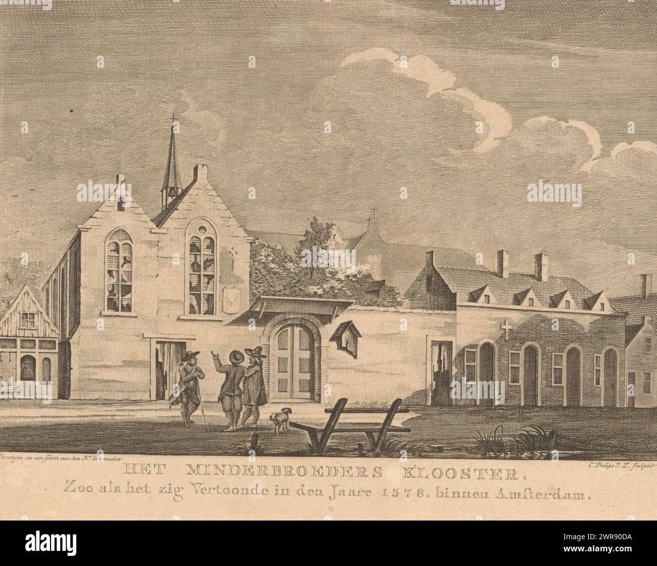 Il monastero dei frati ad Amsterdam dopo il saccheggio durante l'alterazione nel 1578, il monastero dei frati, come è stato mostrato nel 1578. All'interno di Amsterdam (titolo sull'oggetto), veduta del monastero dei frati sull'Oudezijds Achterburgwal di Amsterdam, mentre si occupava del saccheggio durante l'alterazione del 26 maggio 1578. Tre signori sono in piedi davanti all'edificio, stampatore: Caspar Jacobsz. Philips, dopo il design di: Jacobus Versteegen, dopo il disegno di: Andries Schoemaker, Amsterdam, c. 1752 - 1789, carta, incisione, altezza 170 mm x larghezza 222 mm Foto Stock