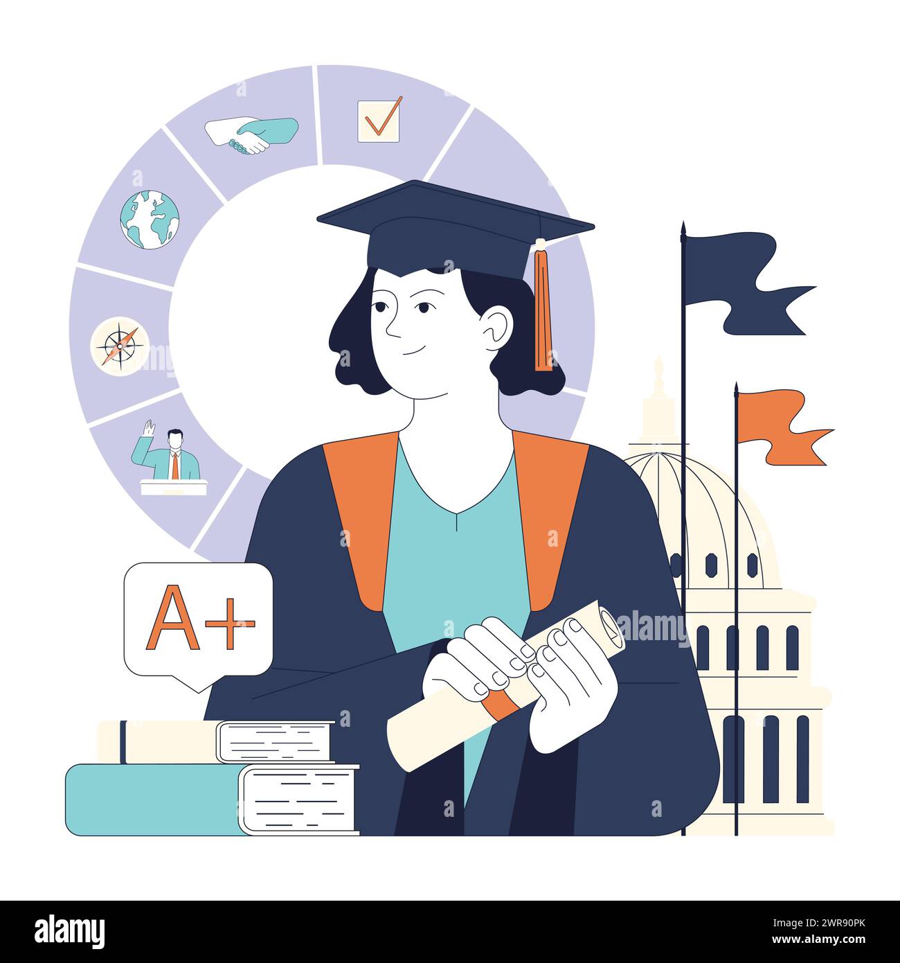 Educazione politica. Laureato in scienze politiche con il massimo dei voti, attrezzato per la diplomazia globale e la governance. Illustrazione vettoriale piatta. Illustrazione Vettoriale