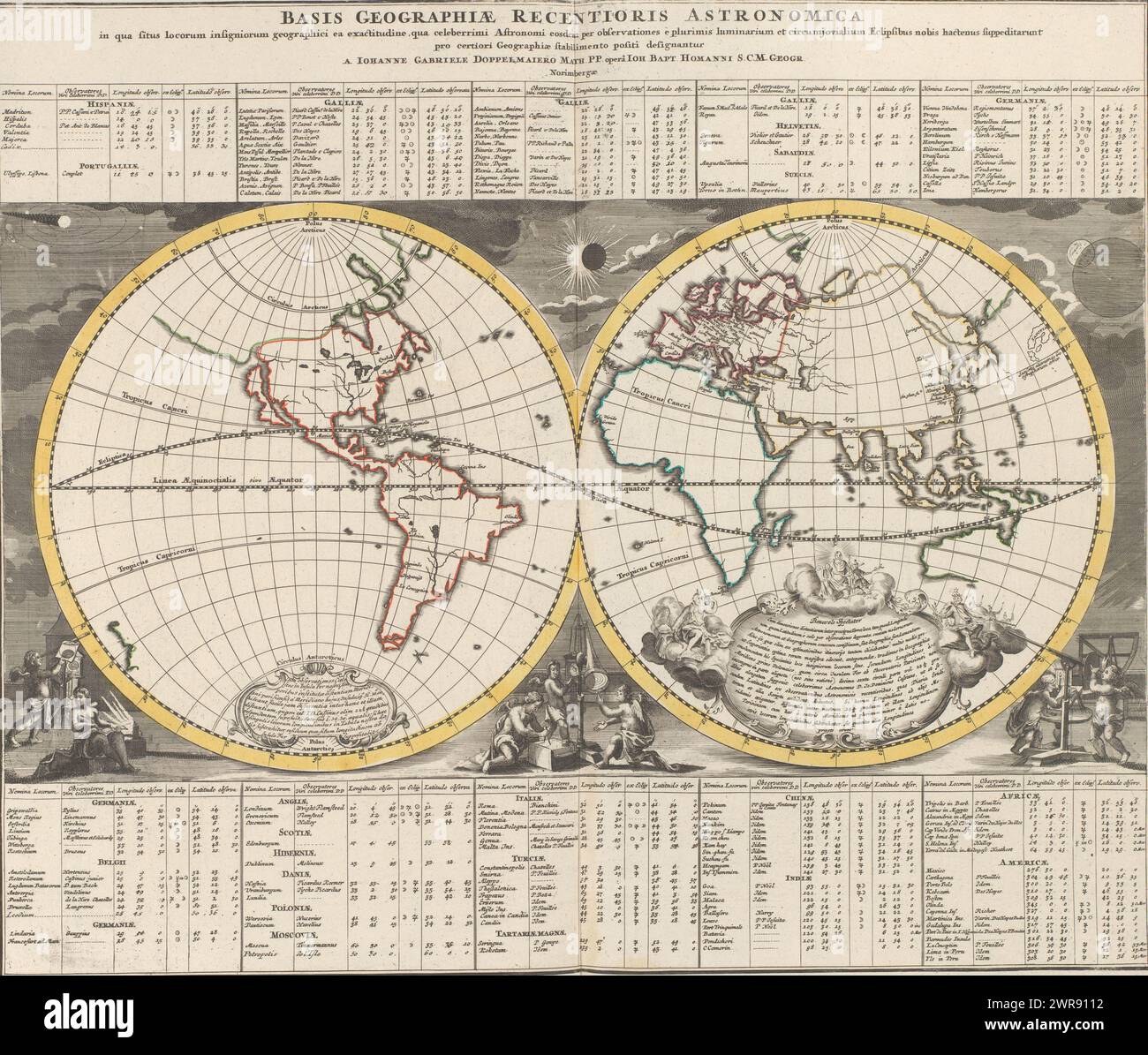 Mappa del mondo in due emisferi con tavole di informazioni geografiche legate all'astronomia, base geographiae recentioris astronomica in qua situs locorum insigniorum (...) (Titolo su oggetto), numerato in alto a destra: 15., stampatore: Anonimo, dopo disegno di: Johann Gabriel Doppelmayr, editore: Erven Johann Baptista Homann, Neurenberg, 1742, carta, incisione, incisione, altezza 494 mm x larghezza 585 mm, stampa Foto Stock