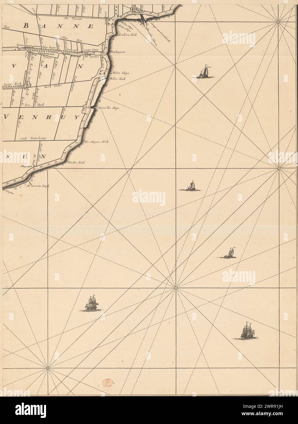Mappa della contea di Dike di Drechterland (quarta parte dal basso), nuove mappe della contea di Dike di Dregterlandt. MDCCXXIII. (Titolo sull'oggetto), parte (quarta dal basso) di una mappa della contea di diga di Drechterland., stampatore: Hendrik de Leth, (possibilmente), stampatore: Daniël Stopendaal, dopo il progetto di: Govert Oostwoudt, stampatore: Amsterdam, stampatore: Amsterdam, dopo il progetto di: HEM, Hem, editore: Amsterdam, in o dopo il 1° settembre 1723, carta, incisione, altezza 670 mm x larghezza 506 mm, stampa Foto Stock