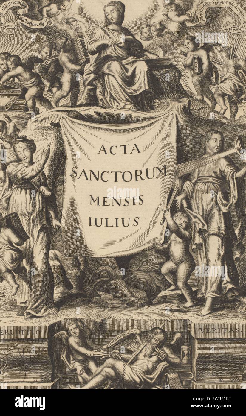 Atti dei Santi per il mese di luglio, Acta Sanctorum Mensis Iulius (titolo sull'oggetto), la rappresentazione allegorica della verità (con specchio) e l'erudizione (con una stella sulla fronte) mostrano una tela con il titolo dell'opera. Sotto il titolo c'è padre tempo, che è in lotta con un piccolo angelo. Divora le pagine di un libro mentre l'angelo cerca di fermare tutto questo. Una didascalia latina spiega che l'erudizione riporta indietro il passato e la verità rivela l'ignoto. In cima al quadro, gli angeli portano libri con i nomi dei 12 mesi a una donna seduta. Poi ci scrive Foto Stock