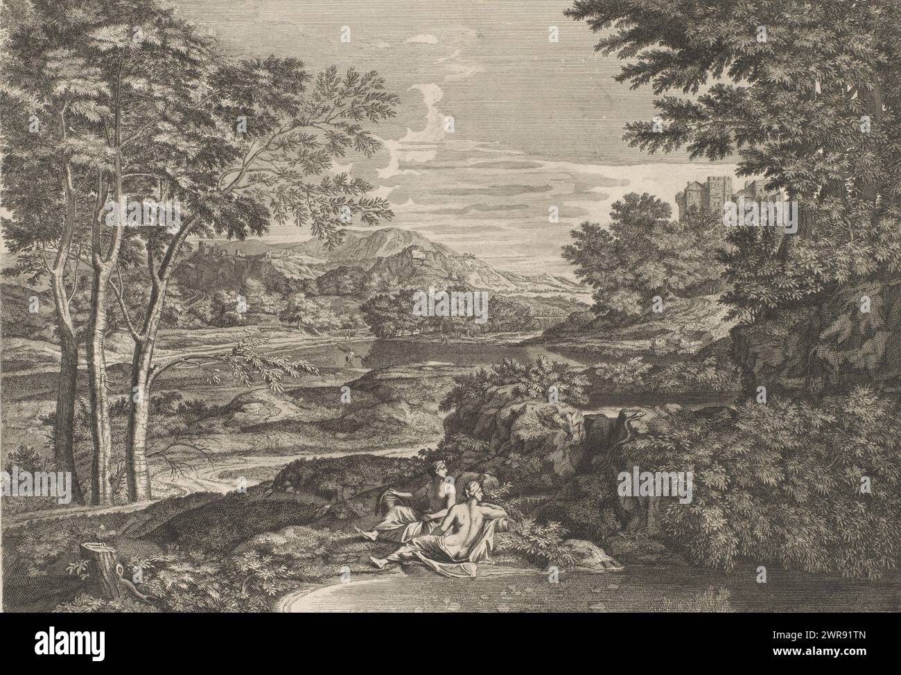 Paesaggio con due ninfe che guardano un serpente, Suite de Six Paysages (titolo della serie), stampatore: Louis de Châtillon, dopo aver dipinto di: Nicolas Poussin, editore: Nicolas de Poilly (i), stampatore: Francia, dopo aver dipinto di: Francia, editore: Parigi, Francia, 1649 - 1696, carta, incisione, altezza 315 mm x larghezza 436 mm, stampa Foto Stock