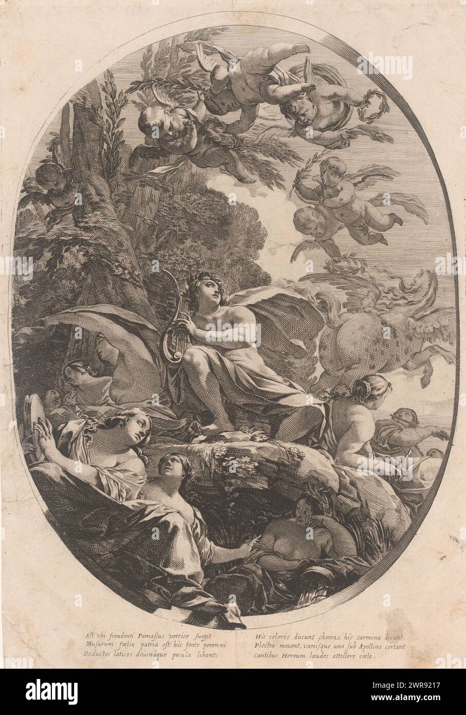 Apollo con lira su Parnaso, serie dopo dipinti di Vouet per la biblioteca del Hôtel Séguier (titolo della serie), tipografo: Michel Dorigny, dopo pittura di: Simon Vouet, Lodewijk XIII (koning van Frankrijk), Francia, 1640, carta, incisione, incisione, altezza 435 mm x larghezza 295 mm, stampa Foto Stock