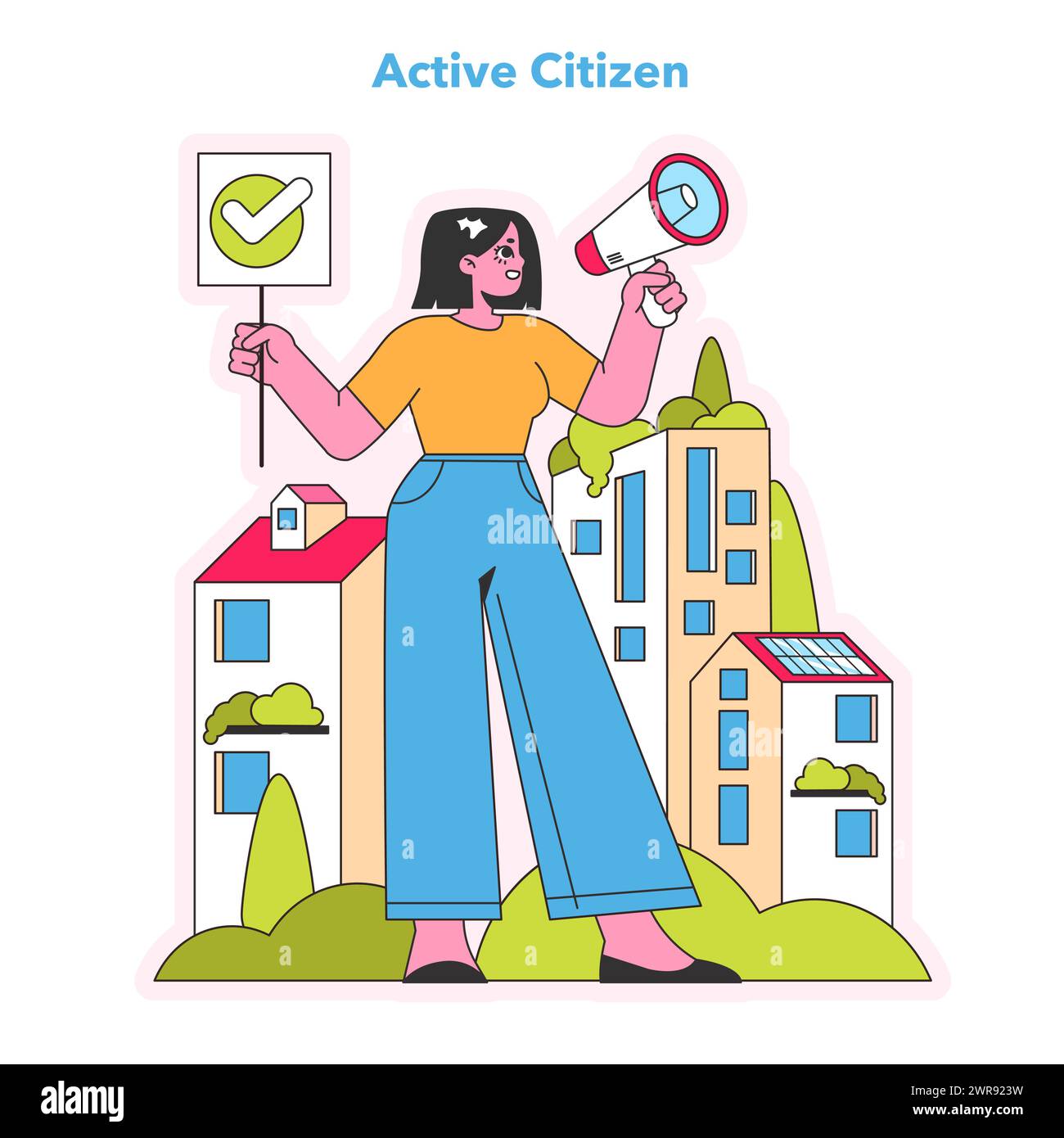 Concetto di cittadino attivo. Vocal advocate promuovendo la partecipazione della comunità con il segno di spunta e il megafono. Impegno sociale in ambiente urbano. Illustrazione vettoriale. Illustrazione Vettoriale
