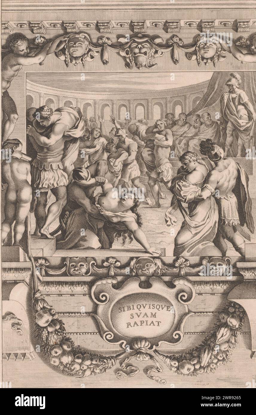 Sabine Theft of Virgins, Story of Romulus and Remus (titolo della collana), print maker: Louis de Châtillon, (rifiutato attribuzione), print maker: Jean Boulanger, print maker: Jean Lepautre, Bologna, 1659, paper, etching, incisione, altezza 450 mm x larghezza 299 mm, stampa Foto Stock