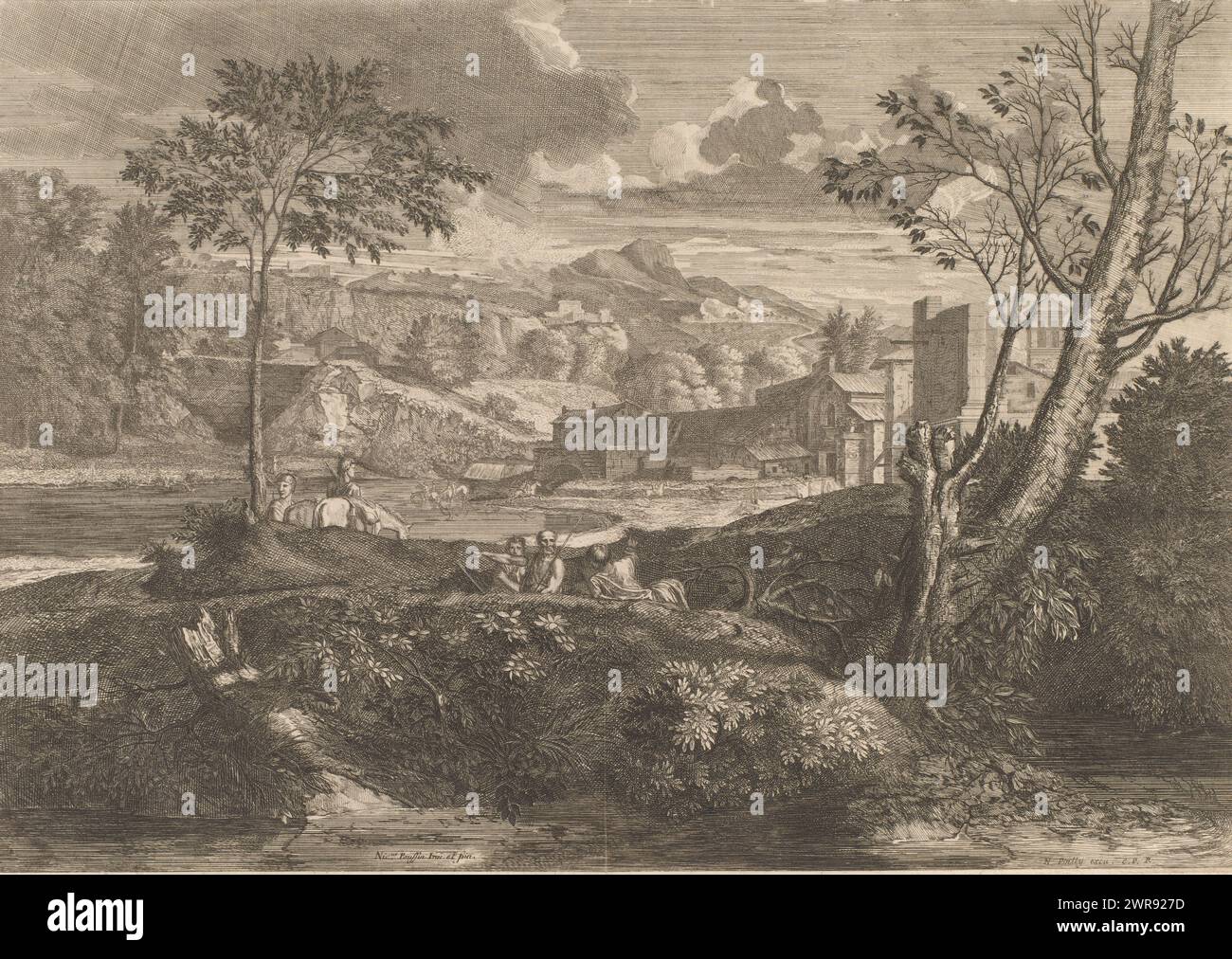 Paesaggio con tre uomini riposanti e altre figure a cavallo, Suite de Six Paysages (titolo della serie), tipografo: Louis de Châtillon, dopo aver dipinto di: Nicolas Poussin, editore: Nicolas de Poilly (i), tipografo: Francia, dopo aver dipinto di: Francia, editore: Parigi, Francia, 1649 - 1696, carta, incisione, altezza 315 mm x larghezza 453 mm, stampa Foto Stock