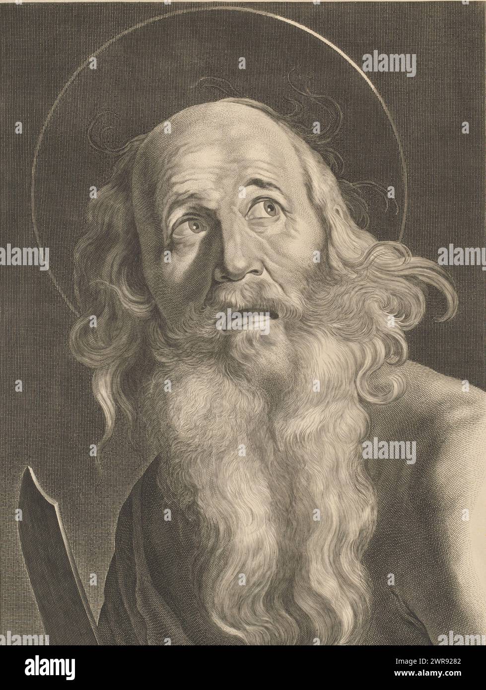 San Bartolomeo, Calatura (titolo della serie), San Bartolomeo, a bocca aperta. Nella sua mano c'è una spada, che è parzialmente visibile., stampatore: Theodor Matham, dopo aver dipinto: Guido reni, Amsterdam, 1621 - 1676, carta, incisione, altezza 413 mm x larghezza 292 mm, stampa Foto Stock