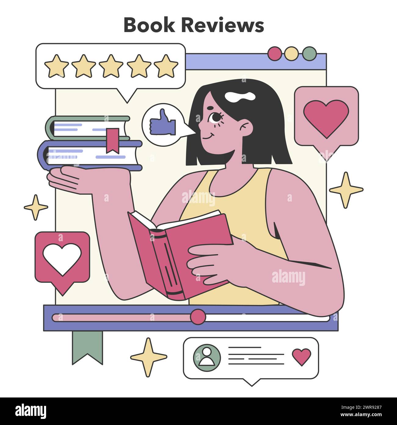 Set di critica letteraria. Coinvolgere i lettori con recensioni e valutazioni ponderate. Una celebrazione della lettura e della discussione letteraria. Illustrazione vettoriale piatta Illustrazione Vettoriale