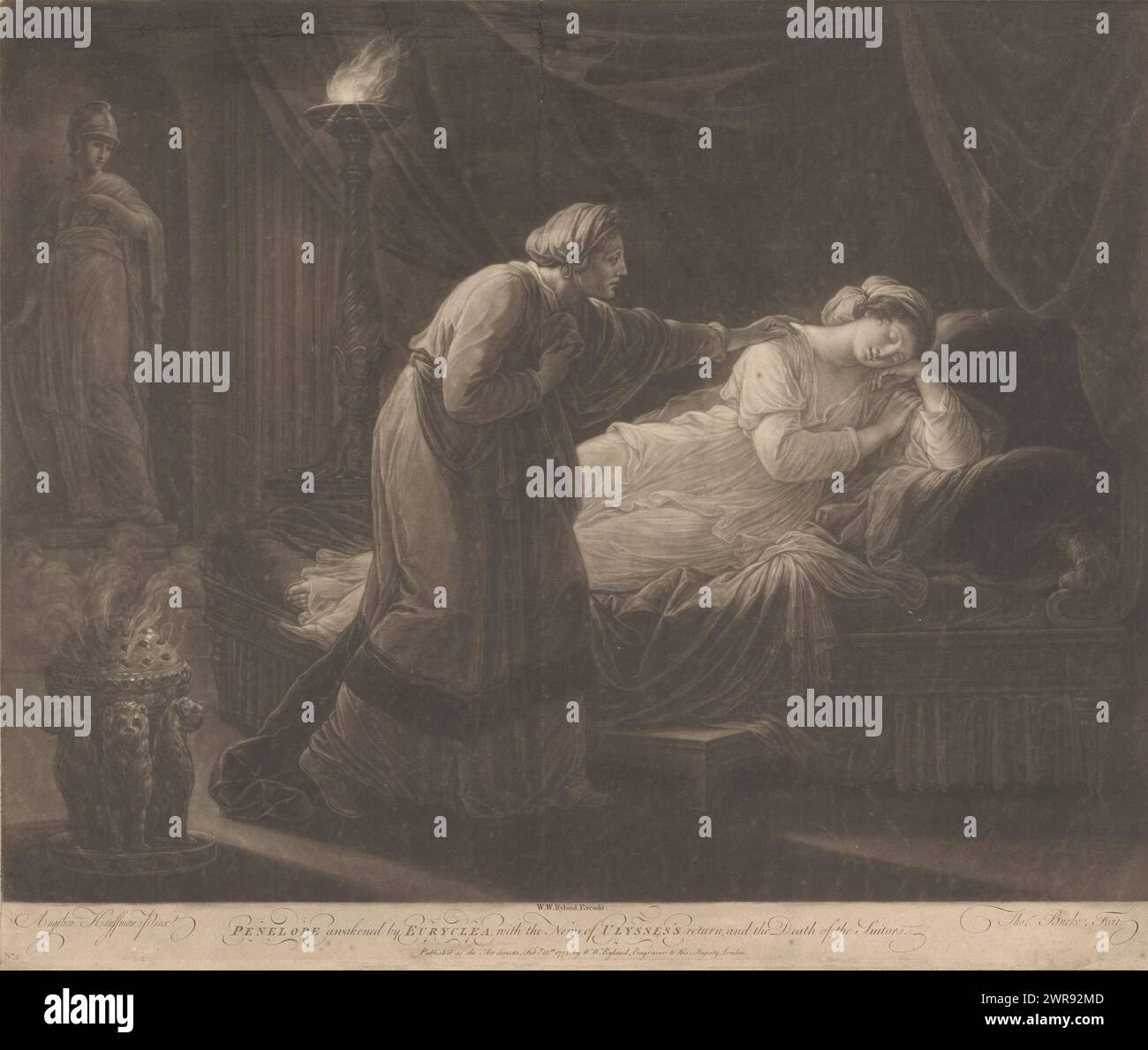Penelope è risvegliato da Euryclea, Penelope risvegliato da Euryclea, con il ritorno di Ulisse, e la morte dei pretendenti (titolo sull'oggetto), Penelope dorme su un letto sotto una baldacchino. Euryclea la sveglia con la notizia del ritorno di Ulisse. A sinistra un censore e una statua di Minerva., stampatore: Thomas Burke, dopo aver dipinto di: Angelica Kauffmann, editore: William Wynne Ryland, Londra, Feb-1773, carta, incisione, altezza 440 mm x larghezza 523 mm, stampa Foto Stock