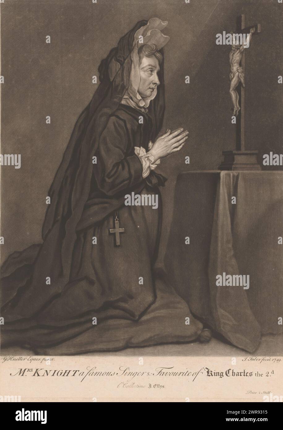 Ritratto di Mary Knight inginocchiato di fronte a un crocifisso, Mrs. Kight un famoso cantante e favorito di re Carlo il 2d (titolo sull'oggetto), stampatore: John Faber (II), dopo aver dipinto di: Gottfried Kneller, 1749, carta, altezza 354 mm x larghezza 252 mm, stampa Foto Stock