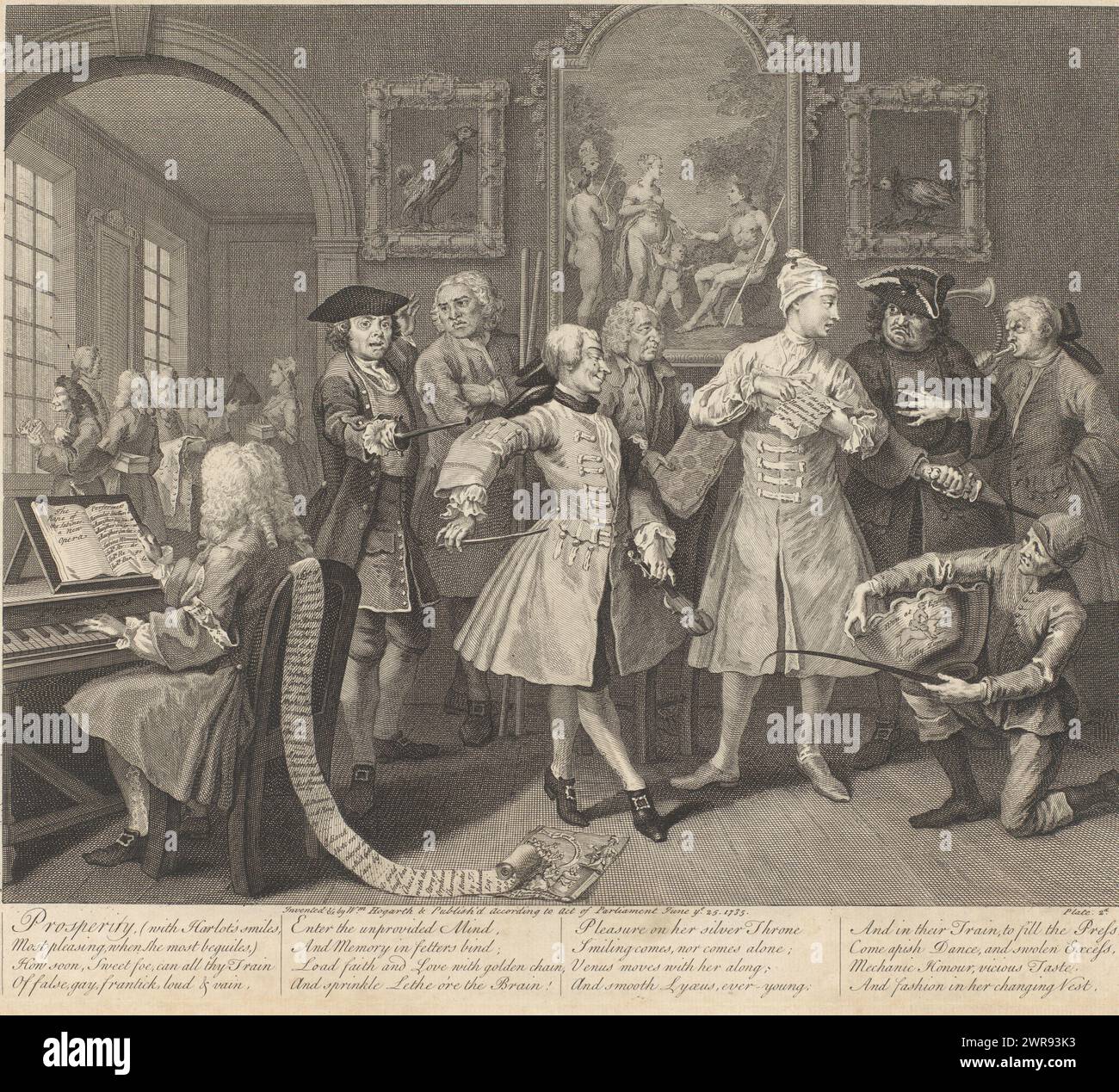Tom Rakewell circondato da persone al mattino, progresso di un libertino (titolo della serie), progresso del rastrello (titolo della serie), testo in inglese in margine inferiore. Tom è circondato da uomini vestiti con costumi costosi che offrono i loro servizi: Un musicista in un clavicembalo, forse George Frederick Handel, uno schermidore, forse Dubois, un istruttore di quarterstaff, forse James Figg, un maestro di danza con violino, forse John Essex, un giardiniere, forse Charles Bridgeman, un ex soldato che si offre come guardia del corpo e un cacciatore di caccia per un club di caccia alla volpe Foto Stock