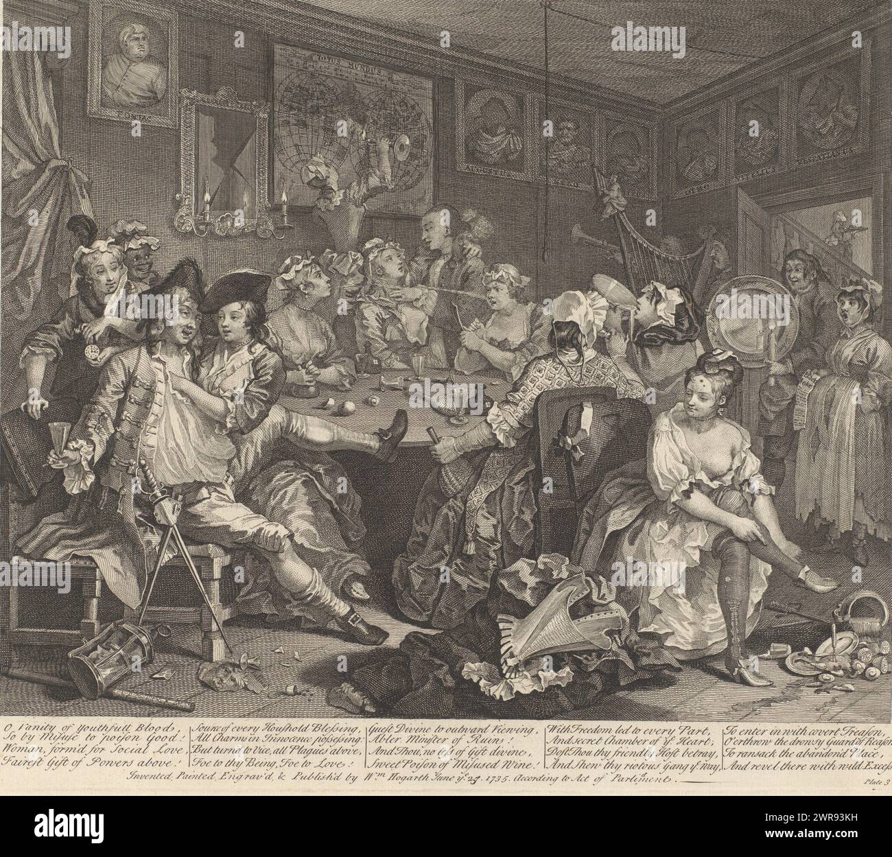 Tom Rakewell ubriaco in un bordello, Progress of a libertine (titolo della serie), The Rake's Progress (titolo della serie), testo in inglese a margine inferiore. Questa scena si svolge nel bordello Rose Tavern a Covent Garden. Le macchie scure sui volti delle donne suggeriscono che soffrivano di sifilide, poiché era comune al tempo usare il trucco per coprire le piaghe. L'orologio di Tom è rubato da due donne. I ritratti danneggiati degli imperatori romani sono appesi al muro., stampatore: William Hogarth, dopo aver dipinto: William Hogarth, su disegno personale di : William Hogarth, Londra, 1707 - 1764 e/o 1735 Foto Stock