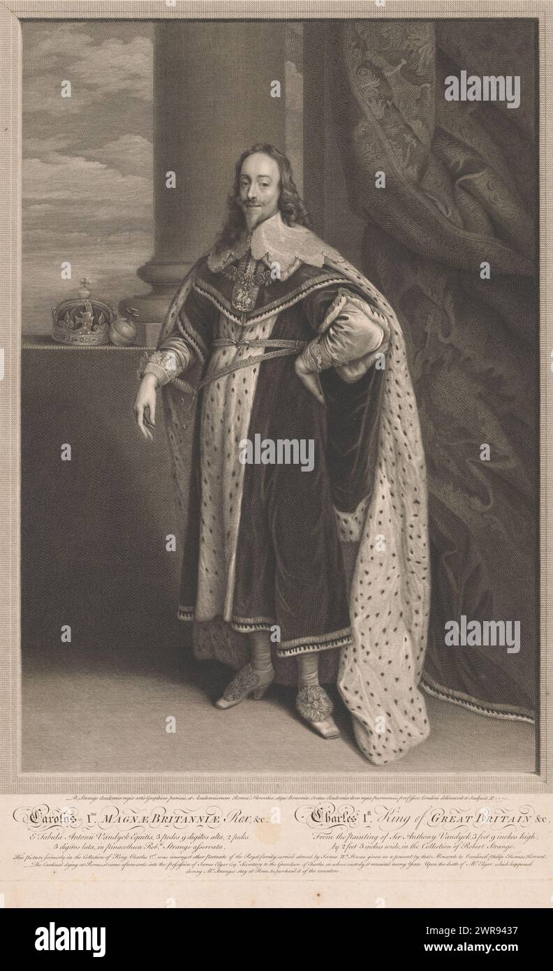 Ritratto di Carlo i, Re d'Inghilterra, testo in latino e inglese a margine inferiore., stampatore: Robert Strange, dopo disegno di: Robert Strange, dopo pittura di: Anthony van Dyck, Londra, 1770, carta, incisione, incisione, altezza 538 mm x larghezza 356 mm, stampa Foto Stock
