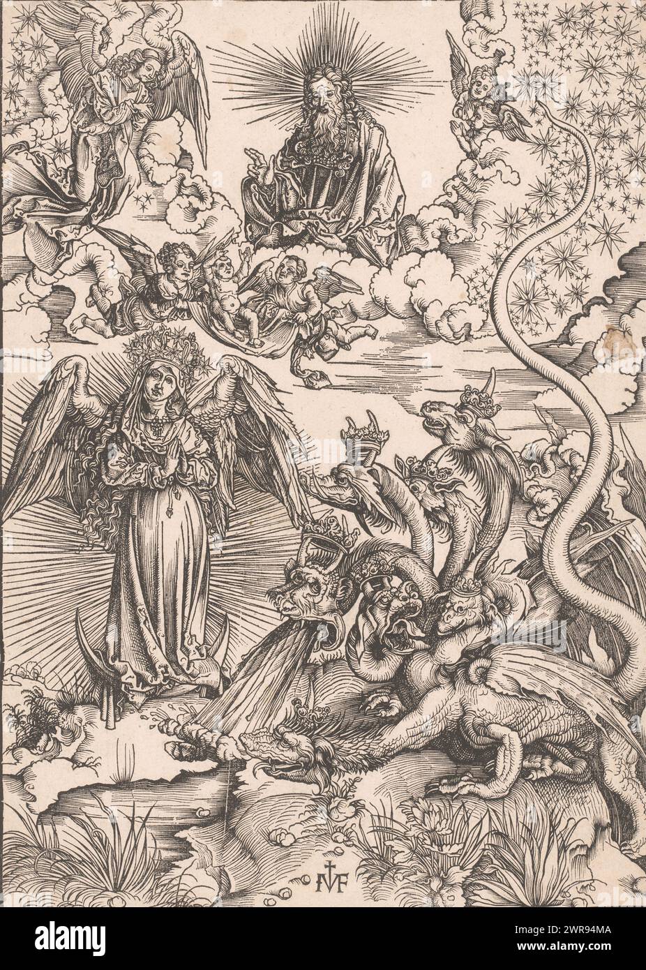 Soffiando la settima tromba, copie dopo l'Apocalisse di Dürer (titolo della serie), Dio appare nel cielo e porta la donna apocalittica, vestita di sole, con la luna sotto i suoi piedi e una corona di dodici stelle sulla sua testa. Suo figlio appena nato viene salvato dal drago a sette teste dagli angeli., stampatore: Ieronimus Greff von Frankfurt, dopo la stampa di: Albrecht Dürer, 1502, carta, altezza 390 mm x larghezza 280 mm, stampa Foto Stock