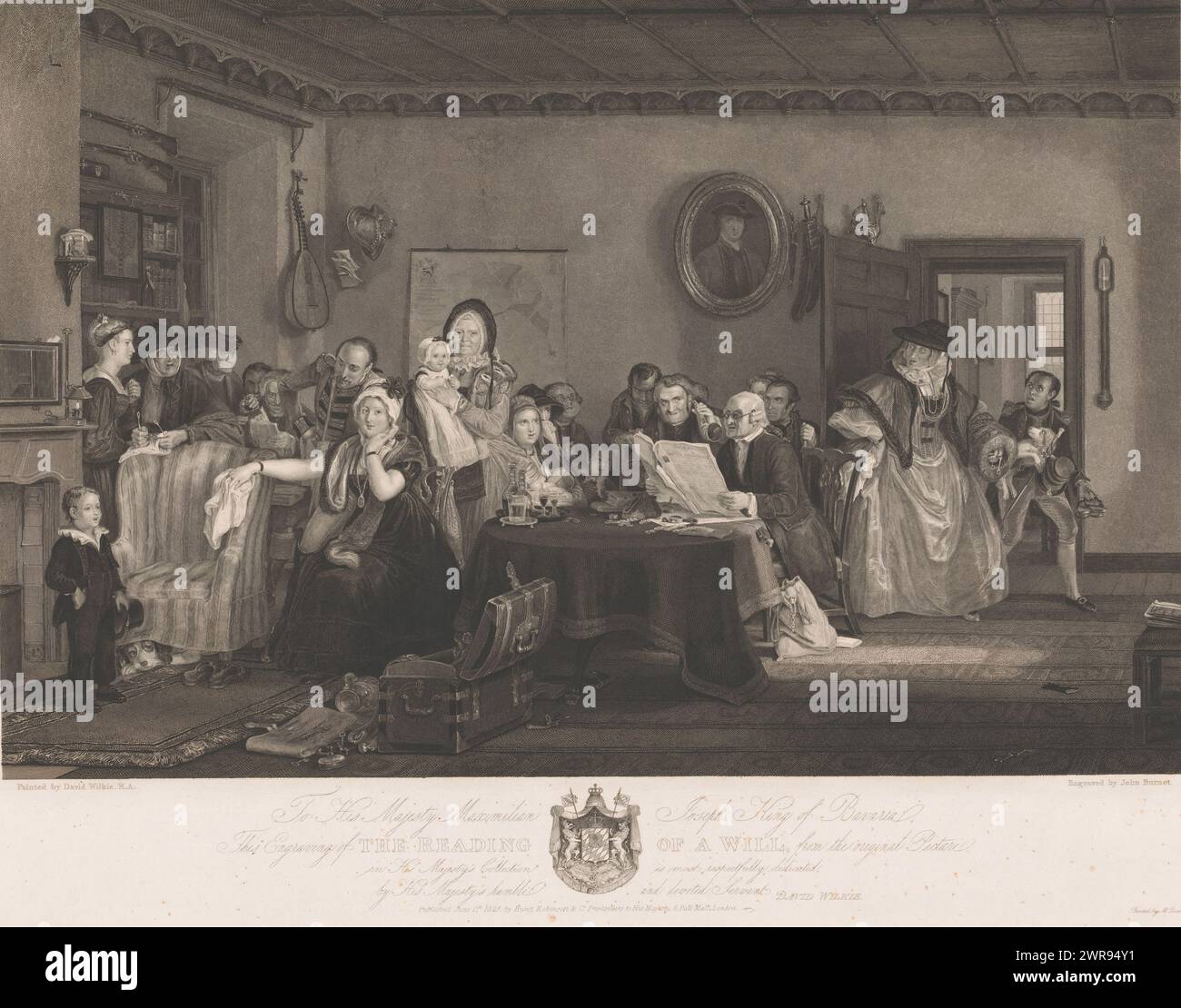 Reading of a Will, the Reading of a Will (title on object), Text in English in the bottom margin., print maker: John Burnet, after painting by: David Wilkie, printer: McQueen & Co., London, 1825, paper, Etching, incisione, altezza 515 mm x larghezza 669 mm, stampa Foto Stock