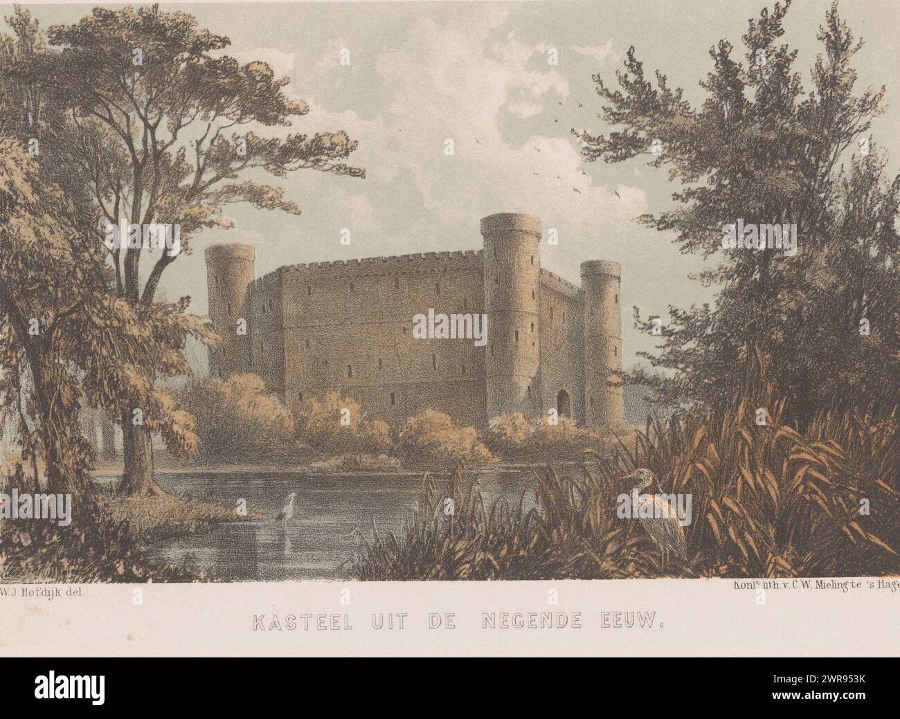 Castello, IX secolo, Castello del IX secolo (titolo sull'oggetto), Un castello del IX secolo., stampatore: Willem Jacob Hofdijk, stampatore: Koninklijke Nederlandse Steendrukkerij van C.W. Mieling, editore: Koninklijke Nederlandse Steendrukkerij van C.W. Mieling, l'Aia, 1857 - 1864, carta, altezza c. 292 mm x larghezza c. 375 mm, stampa Foto Stock