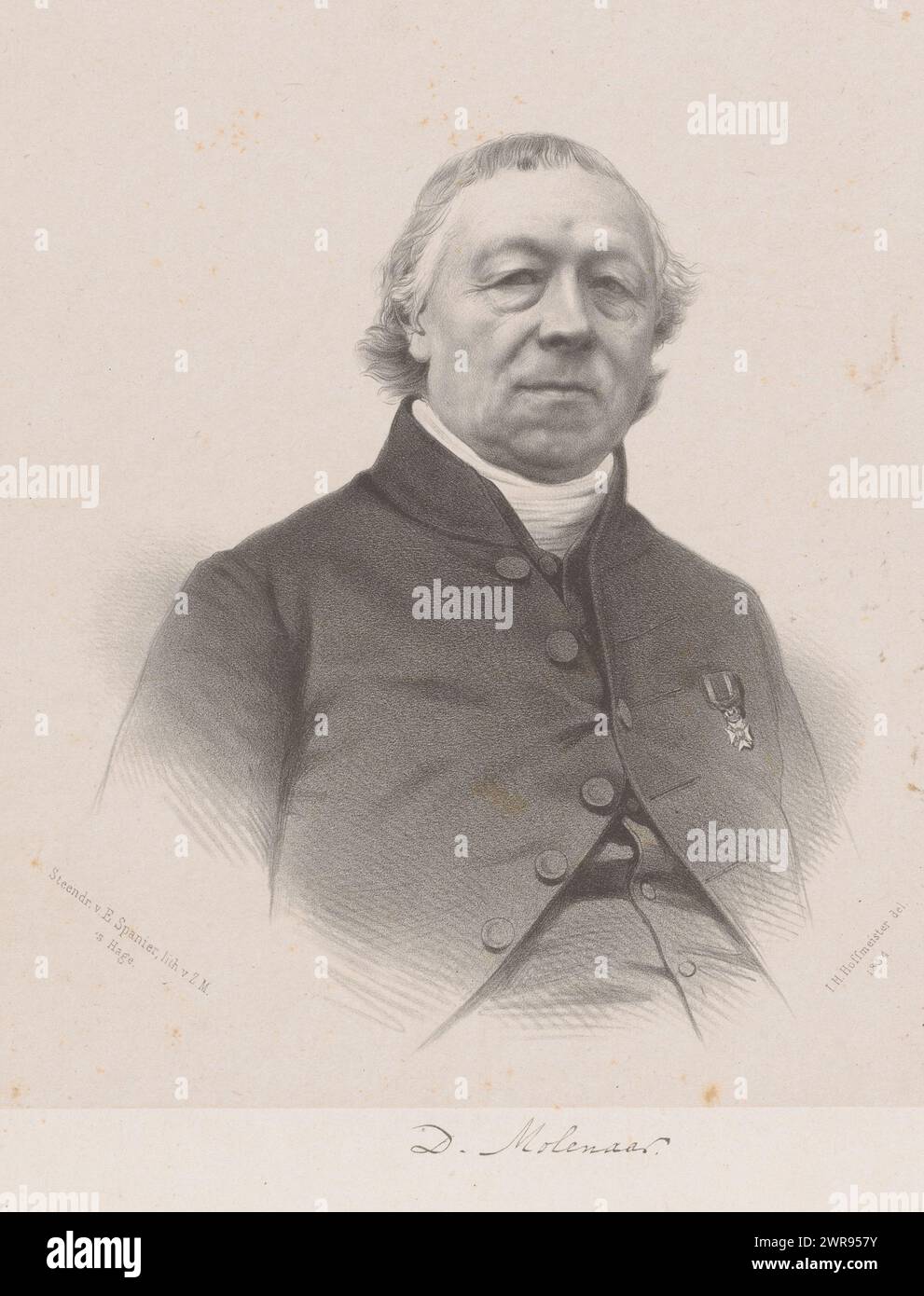 Ritratto di Dirk Molenaar, sotto il ritratto la firma della sitter., tipografo: Johan Hendrik Hoffmeister, tipografo: Koninklijke Steendrukkerij van E. Spanier, tipografo: Paesi Bassi, tipografo: L'Aia, 1854, carta, altezza 475 mm x larghezza 310 mm, stampa Foto Stock