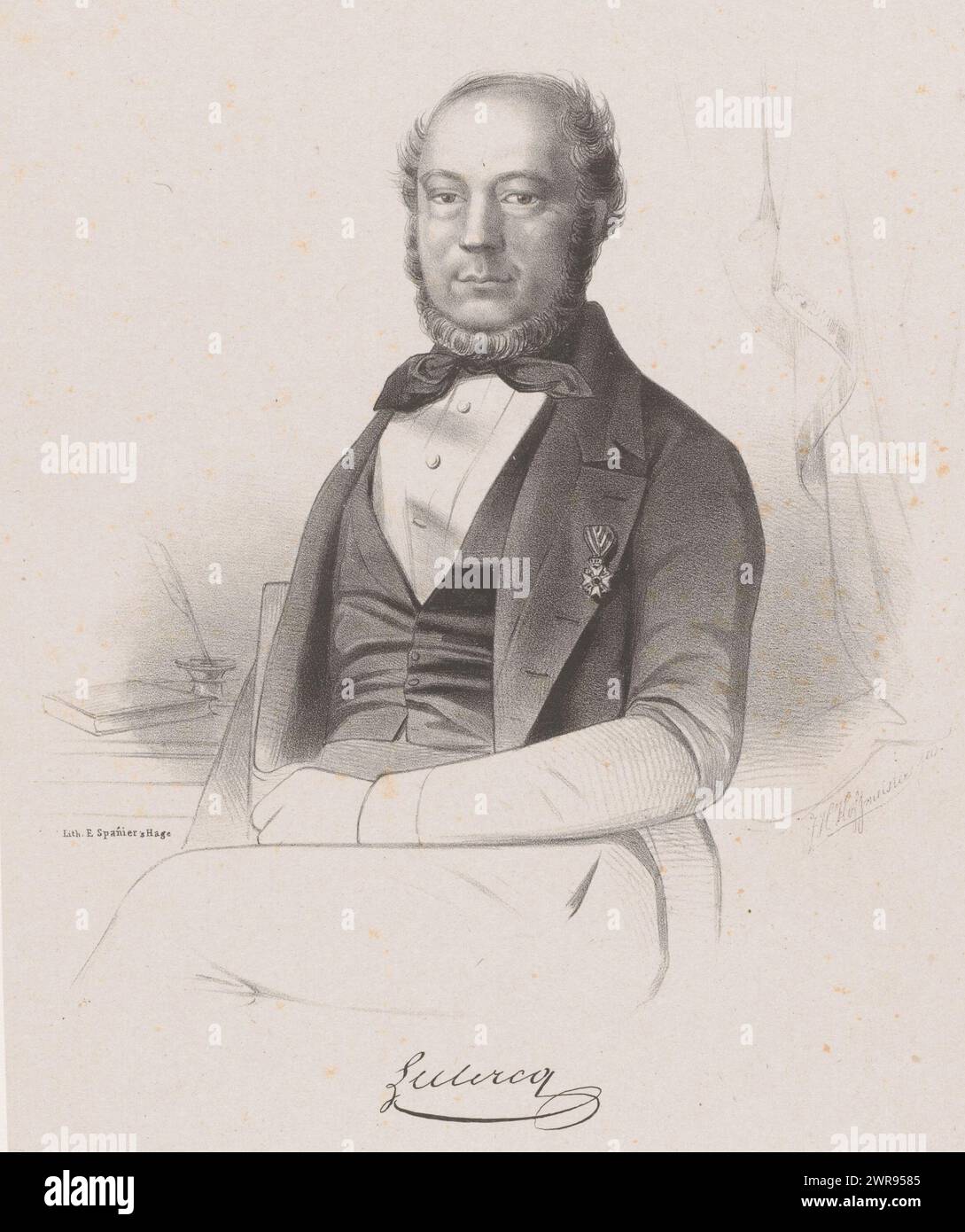 Ritratto del funzionario C.E. Leclercq, sotto il ritratto la firma della sitter., tipografo: Johan Hendrik Hoffmeister, tipografo: Elias Spanier, tipografo: Paesi Bassi, tipografo: L'Aia, 1843 - 1863, carta, altezza 430 mm x larghezza 300 mm, stampa Foto Stock