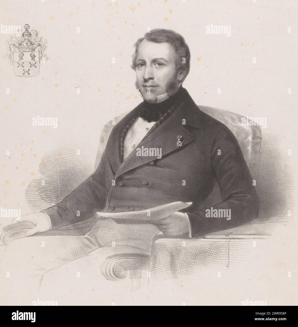 Ritratto di Willem van Loon, in alto a sinistra lo stemma della famiglia Van Loon., stampatore: Johan Hendrik Hoffmeister, (attribuito a), Paesi Bassi, 1843 - 1904, carta, altezza 507 mm x larghezza 365 mm, stampa Foto Stock