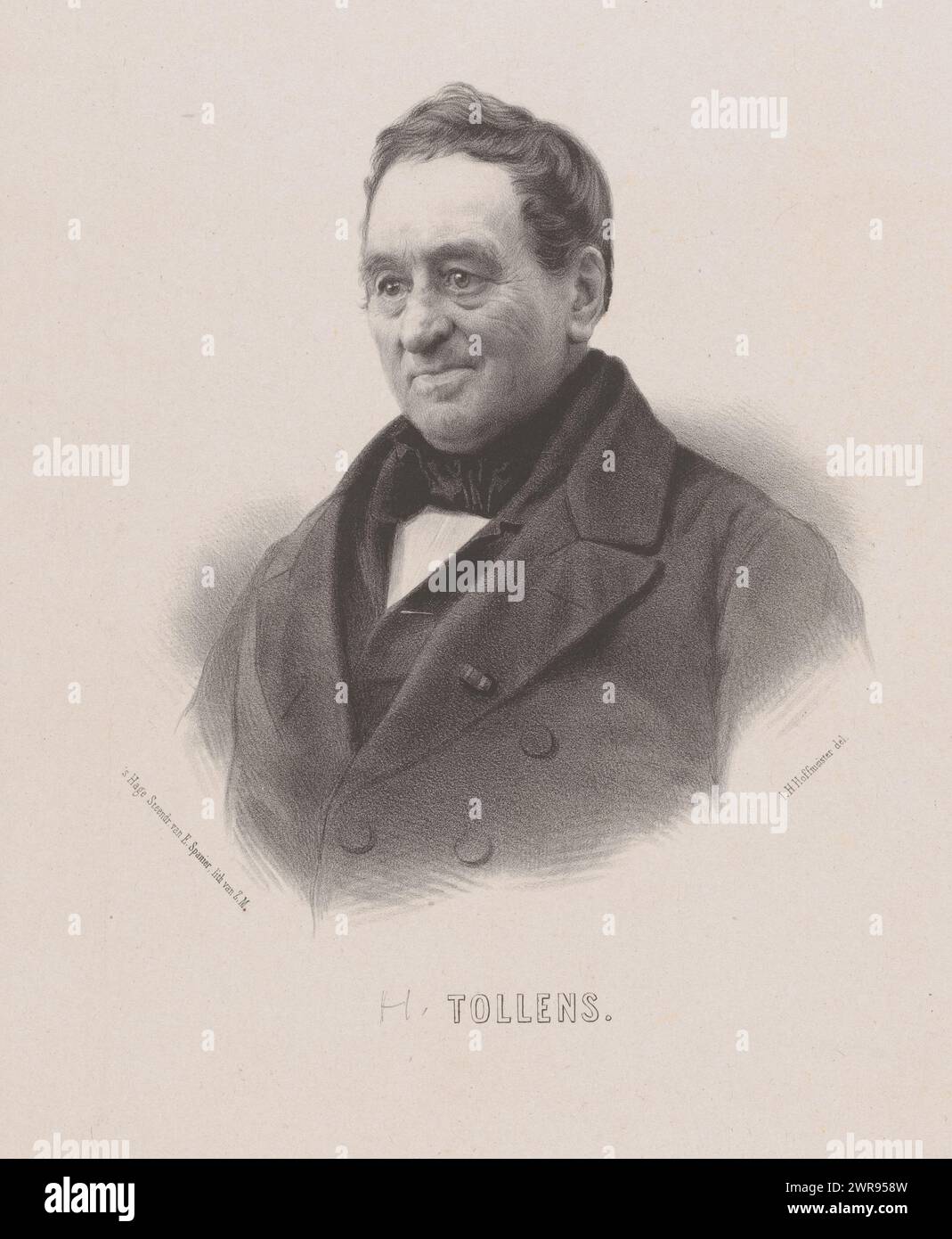 Ritratto di Hendrik Tollens, il suo nome sotto il ritratto., stampatore: Johan Hendrik Hoffmeister, stampatore: Koninklijke Steendrukkerij van E. Spanier, stampatore: Paesi Bassi, stampatore: L'Aia, 1855, carta, altezza 485 mm x larghezza 350 mm, stampa Foto Stock