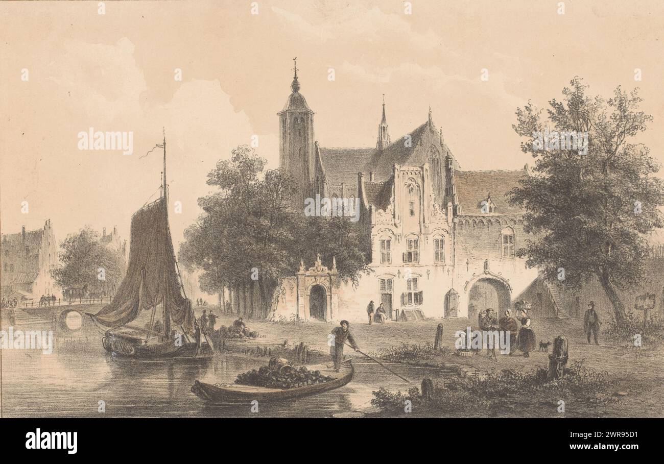 Paesaggio urbano con fiume e chiesa, una barca a vela e un punt sull'acqua., stampatore: Bartholomeus Johannes van Hove, su disegno personale di: Bartholomeus Johannes van Hove, stampatore: Koninklijke Nederlandse Steendrukkerij van C.W. Mieling, stampatore: Paesi Bassi, su disegno personale di: Paesi Bassi, stampante: l'Aia, 1847 - 1863, carta, altezza 162 mm x larghezza 225 mm, altezza 260 mm x larghezza 420 mm, stampa Foto Stock