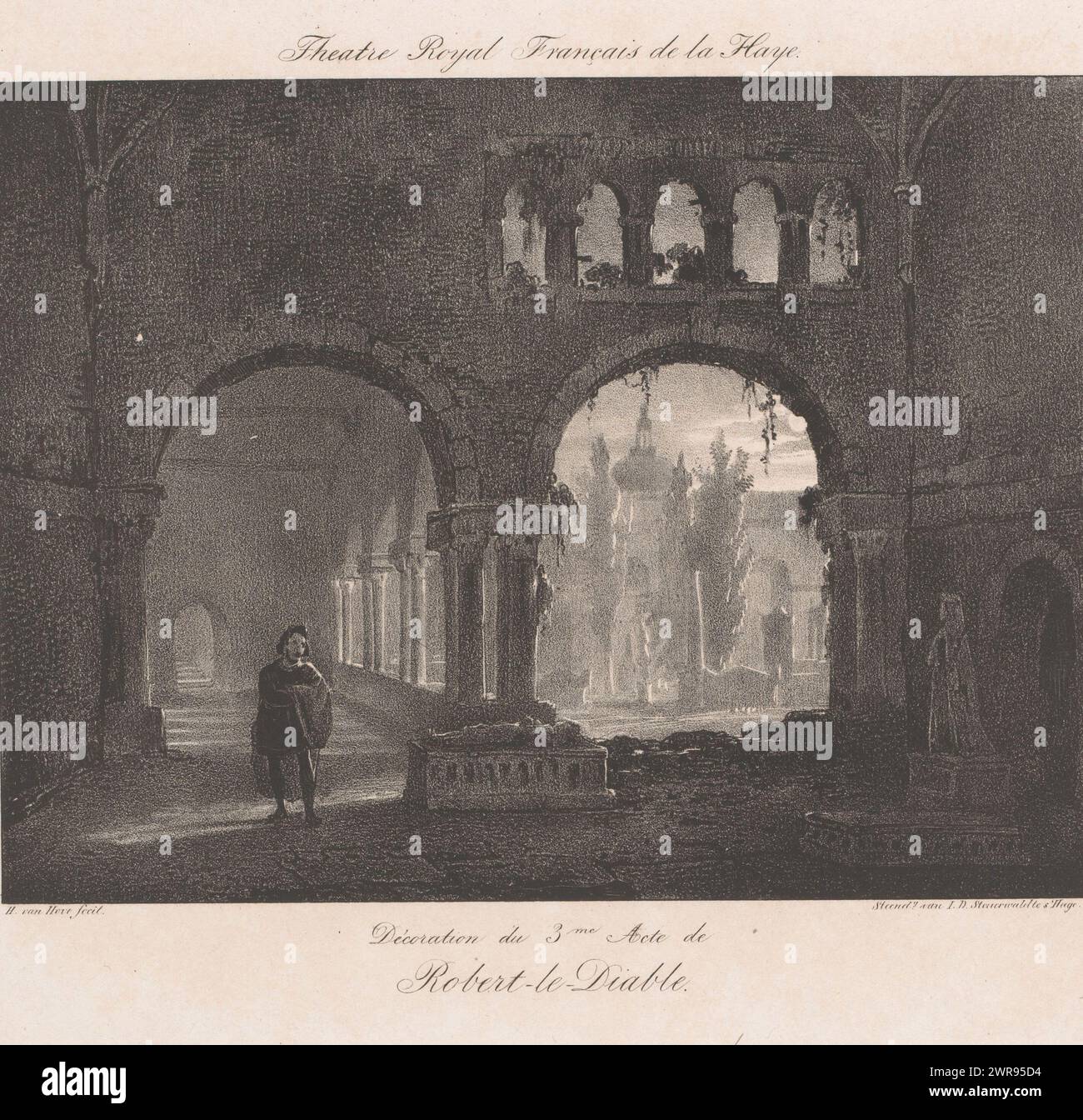 Set-piece per l'opera Robert le diable, Theater Royal Francais de la Haye (titolo sull'oggetto), il personaggio principale cammina tra le rovine di un vecchio monastero., stampatore: Huib van Hove BZ, stampatore: Jan Dam Steuerwald, l'Aia, 1834, carta, altezza 270 mm x larghezza 380 mm, stampa Foto Stock