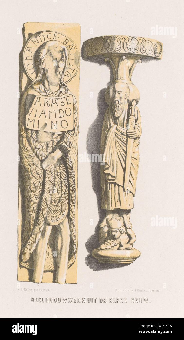 Scultura, XI secolo, Scultura dell'XI secolo (titolo sull'oggetto), due sculture dell'XI secolo di Giovanni Battista e un altro santo., stampatore: David van der Kellen (1827-1895), stampatore: Emrik & Binger, Haarlem, 1857 - 1864, carta, altezza c. 374 mm x larghezza c. 292 mm, stampa Foto Stock