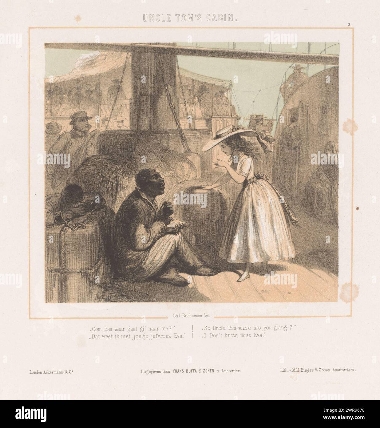 Zio Tom che parla con Eva, la cabina dello zio Tom (titolo della serie sull'oggetto), la cabina dello zio Tom (titolo della serie), zio Tom è su una barca verso New Orleans sul Mississippi. Seduto con un libro in grembo, parla con la ragazza Eva, con la quale fa amicizia., tipografo: Charles Rochussen, dopo il design di: Charles Rochussen, tipografo: M.H. Binger & Zonen, tipografo: Amsterdam, editore: Londra, editore: Amsterdam, 1850 - 1856, carta, altezza 349 mm x larghezza 454 mm, stampa Foto Stock