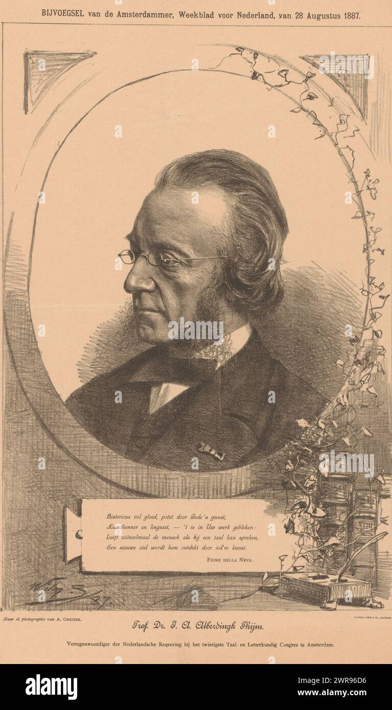 Ritratto di Josephus Albertus Alberdingk Thijm, Prof. Dr. SÌ. Alberdingk Thijm (titolo sull'oggetto), sotto il ritratto un verso di quattro righe di Fiore della neve., stampatore: Willem Steelink (II), dopo foto di: Albert Greiner, stampatore: Harms & Co.. Ellerman, Amsterdam, 1887, carta, altezza 438 mm x larghezza 293 mm, stampa Foto Stock