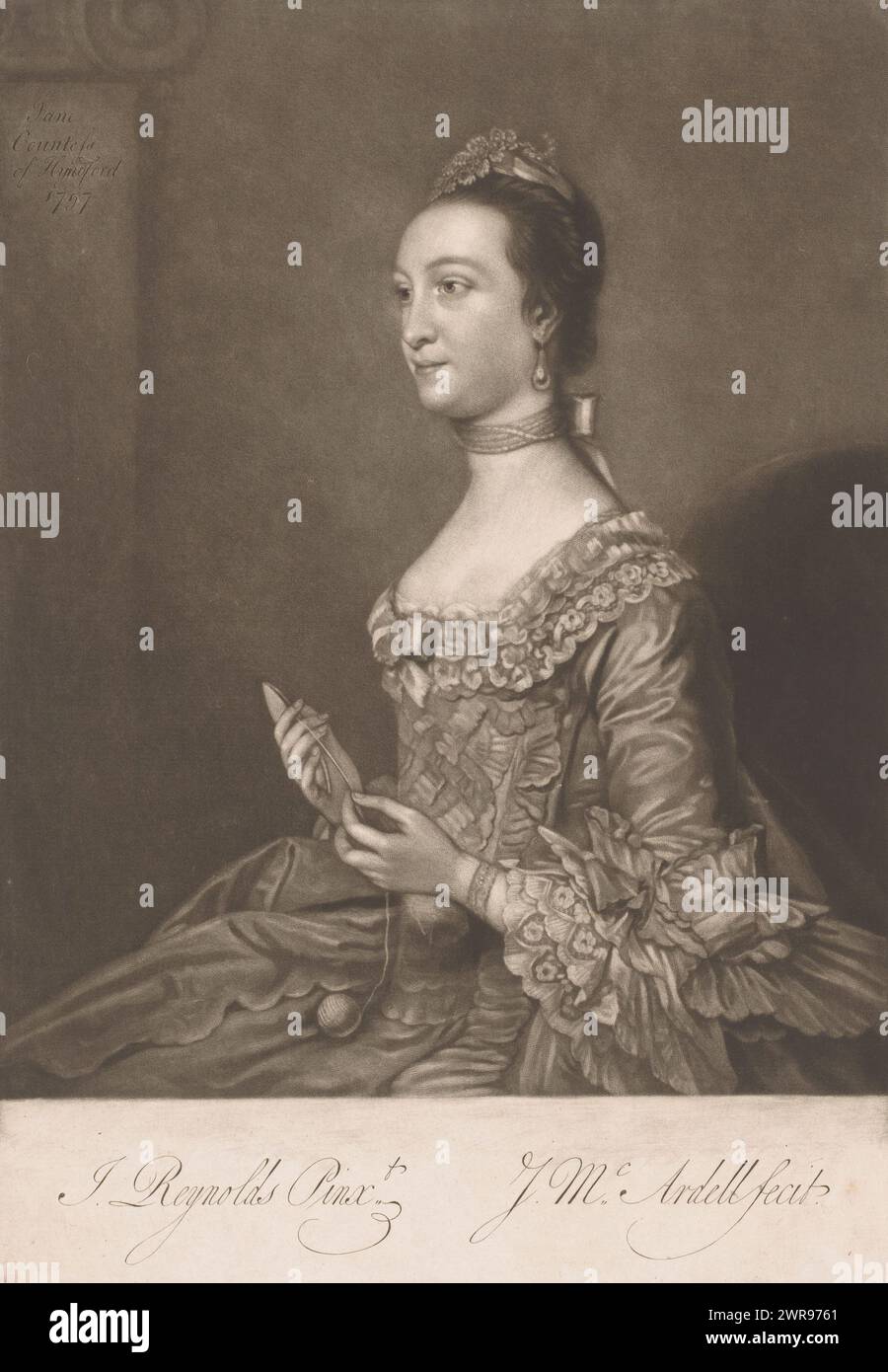 Ritratto di Jane Carmichael, Jane Contessa di Hyndford (titolo sull'oggetto), stampatore: James McArdell, dopo aver dipinto di: Joshua Reynolds, Londra, 1759, carta, altezza 326 mm x larghezza 225 mm, stampa Foto Stock