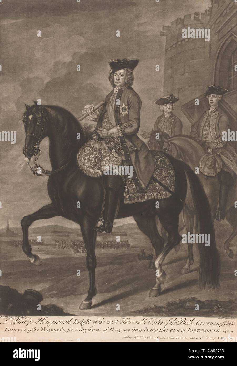 Ritratto di Philip Honywood, Sr. Philip Honywood, Cavaliere dell'ordine più onorabile del bagno (...) (Titolo sull'oggetto), ritratto equestre di Philip Honywood, con altri due cavalieri davanti ad un castello, possibilmente a Portsmouth., stampatore: James McArdell, dopo aver dipinto: Bartholomew Dandridge, Londra, 1751 - 1752, carta, altezza 503 mm x larghezza 354 mm, stampa Foto Stock