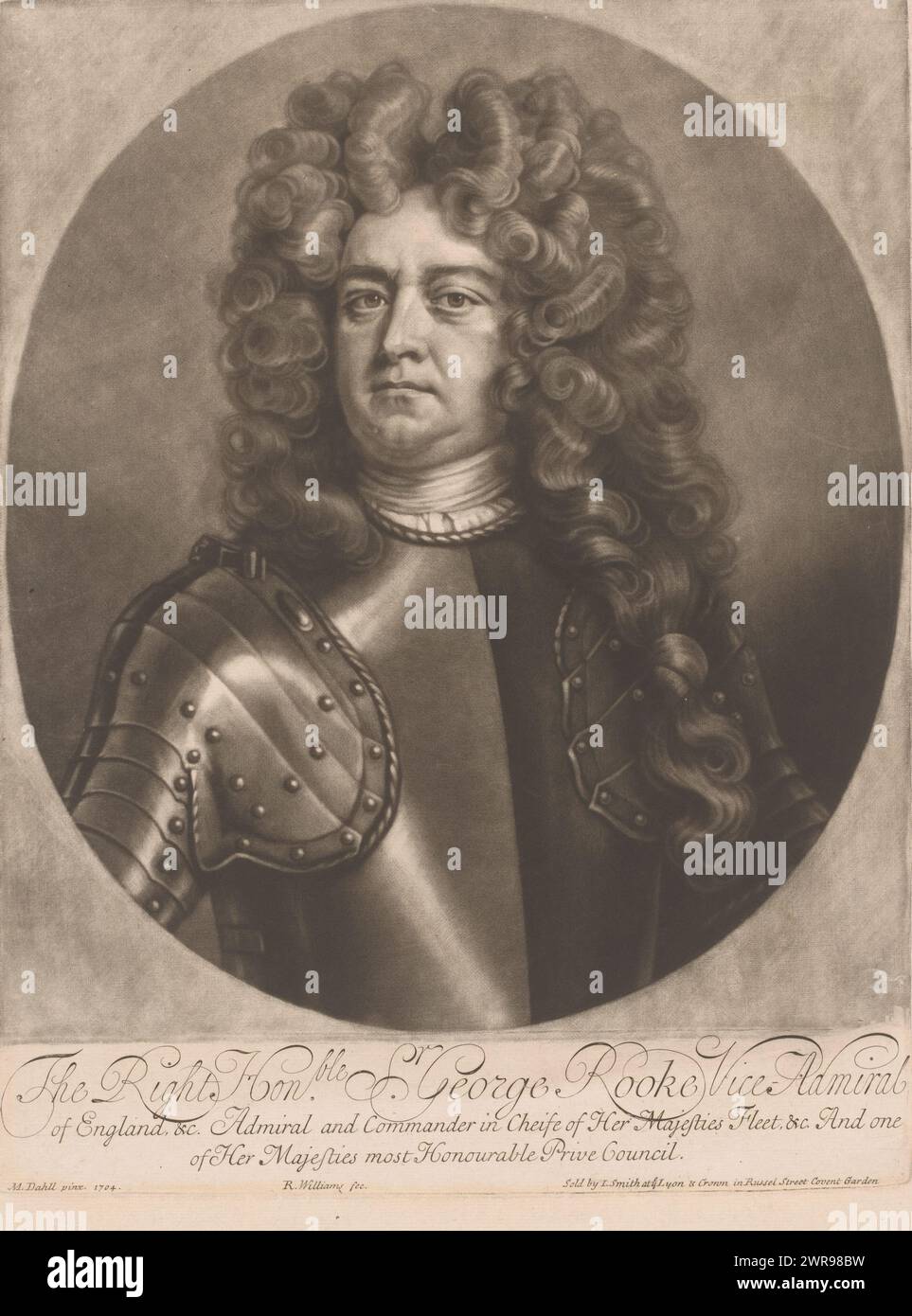 Ritratto di George Rooke, testo in inglese a margine inferiore., stampatore: Robert Williams, dopo la pittura di: Michael Dahl, editore: John Smith (prentmaker/ uitgever), Londra, 1704 - 1742, carta, altezza 341 mm x larghezza 262 mm, stampa Foto Stock