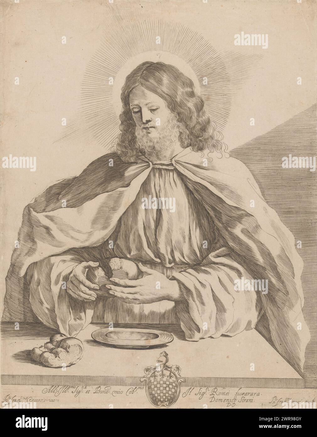 Cristo rompe il pane, Cristo a tavola, rompe il pane con le mani. C'è un piatto e un pezzo di pane sul tavolo di fronte a lui. Dedica e uno stemma sul margine inferiore., tipografo: Giovanni Francesco Mucci, su disegno di: Guercino, Domenico Sirani, Italia, 1630 - 1665, carta, incisione, incisione, altezza 289 mm x larghezza 224 mm, stampa Foto Stock