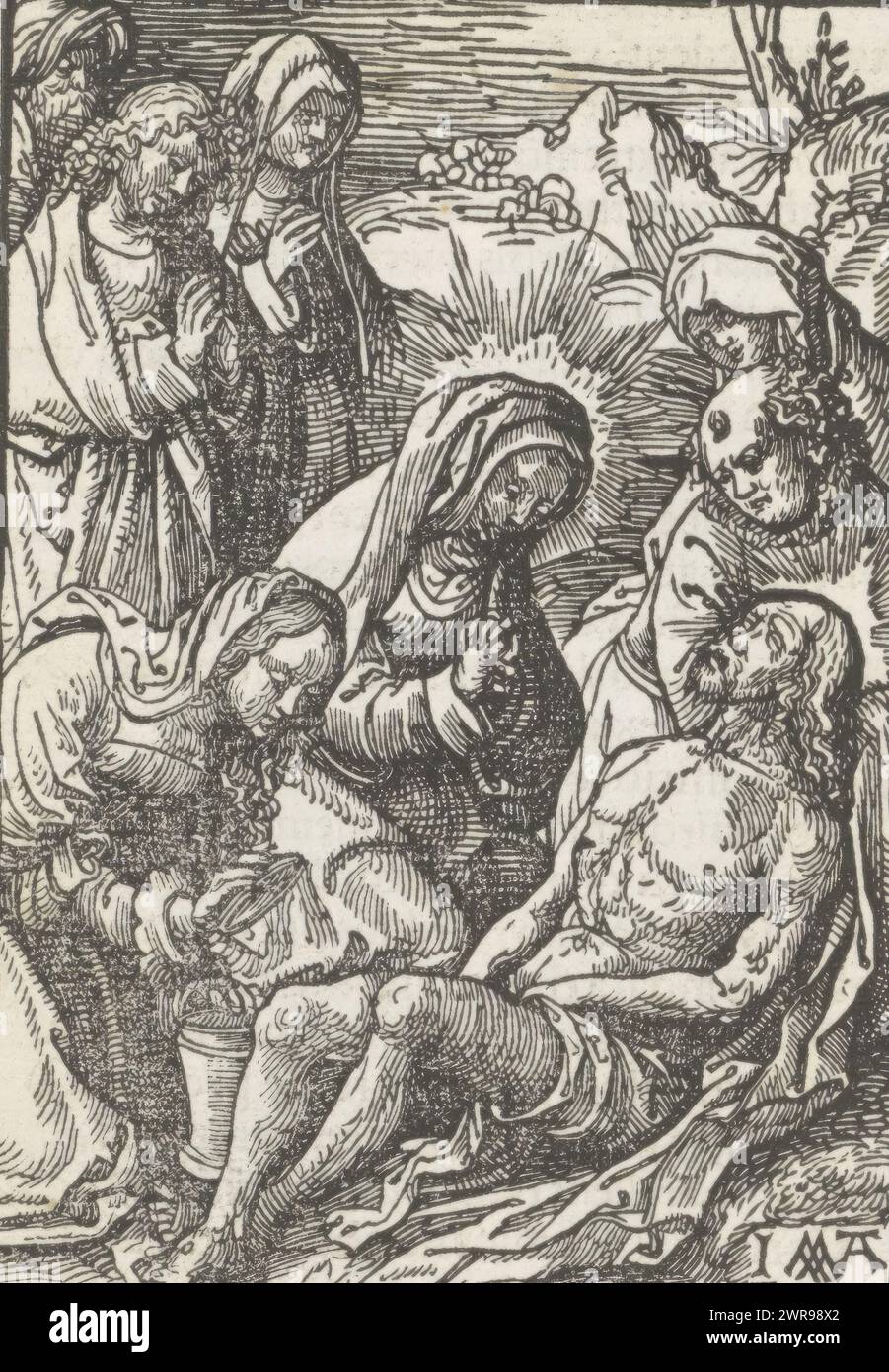 Lamentazione, la piccola passione (titolo della serie), Maria, Maria Maddalena, Giovanni e altri piangono il Cristo morto. La stampa fa parte di un libro., stampatore: Jacob Cornelisz van Oostsanen, editore: Doen Pietersz., Amsterdam, 1523, carta, altezza 113 mm x larghezza 79 mm, altezza 141 mm x larghezza 101 mm, stampa Foto Stock