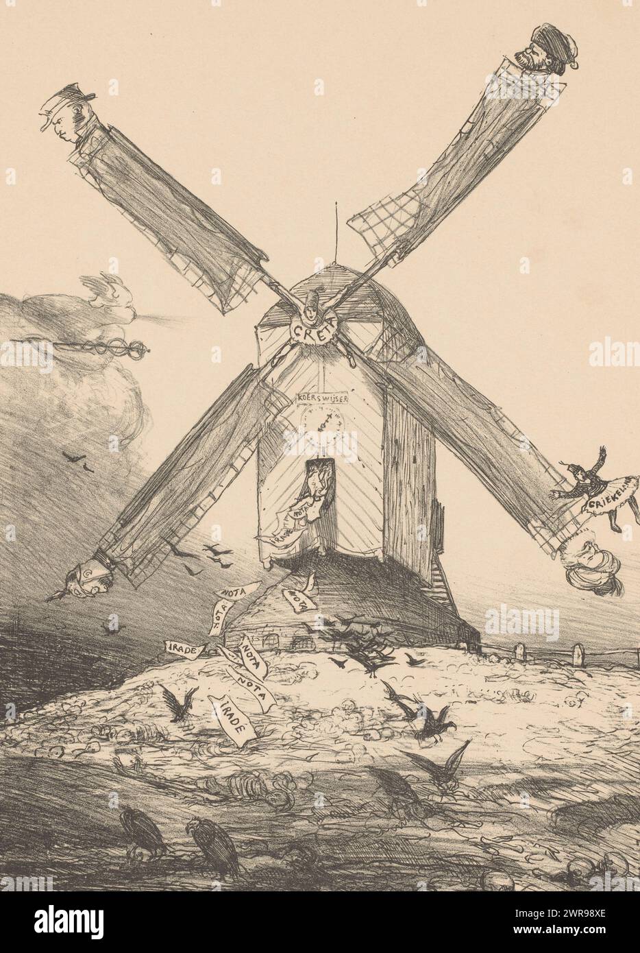 La situazione nell'est (titolo in oggetto), Cartoon sul lento avanzamento dei negoziati su Creta tra i paesi Turchia, Grecia, Inghilterra e Russia. Raffigurato come un mulino a vento con Creta come asse del mulino e le quattro potenze come lame. In fondo due righe da un verso per bambini., stampatore: Marius Bauer, stampante: Tresling & Comp., l'Aia, 1 agosto 1897, carta, altezza 407 mm x larghezza 303 mm, stampa Foto Stock