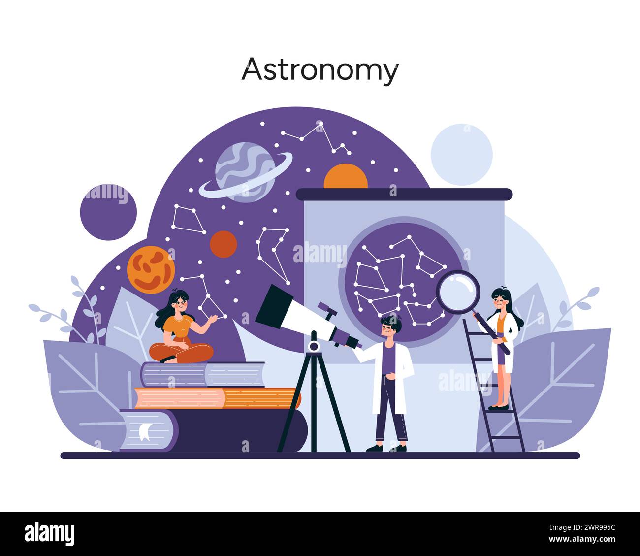 Concetto per gli appassionati di astronomia. I personaggi si impegnano nell'esplorazione celeste utilizzando un telescopio e carte stellari, esemplificando la meraviglia dello studio spaziale. Illustrazione vettoriale Illustrazione Vettoriale
