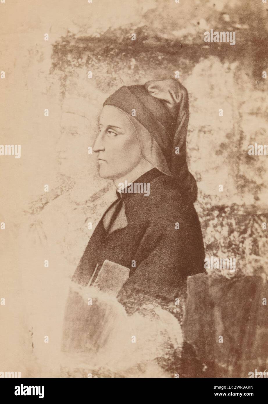 Riproduzione fotografica di un dipinto raffigurante un ritratto di Dante Alighieri, anonimo, dopo aver dipinto di: Giotto de Bondone, Palazzo del Bargello, c. 1882 - in o prima del 1887, supporto fotografico, stampa all'albume, altezza 130 mm x larghezza 93 mm, fotografia Foto Stock