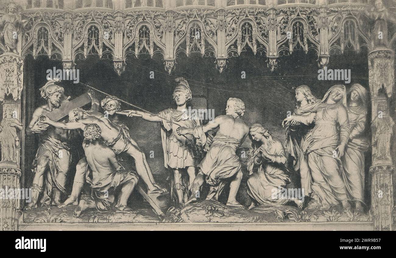 Parte di uno schermo del coro nella Cattedrale di Chartres, Francia, raffigurante la crocifissione di Cristo, le Crocifiement (titolo sull'oggetto), Léon Pervinquière, Petit et Cie, Kathedraal van Chartres, c. 1891 - in o prima del 1896, carta, altezza 98 mm x larghezza 162 mm, stampa fotomeccanica Foto Stock