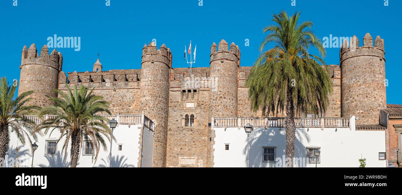 Una giornata di sole in un castello con palme Foto Stock