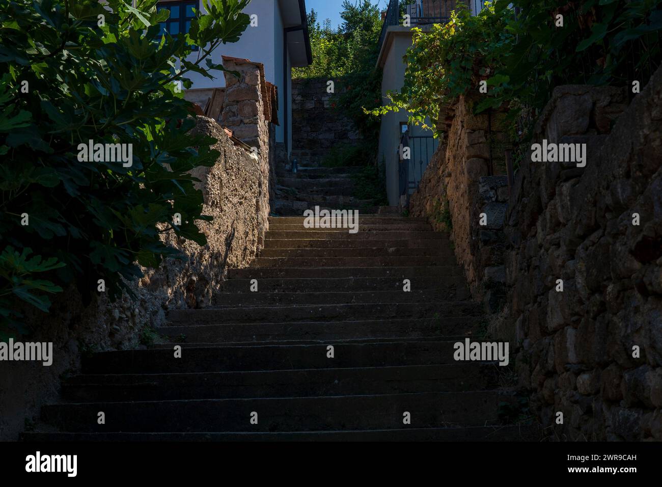 Dinamica diurna. Scala in cemento e strada di vicoli. Luce e ombra. Contrasto. Foto Stock