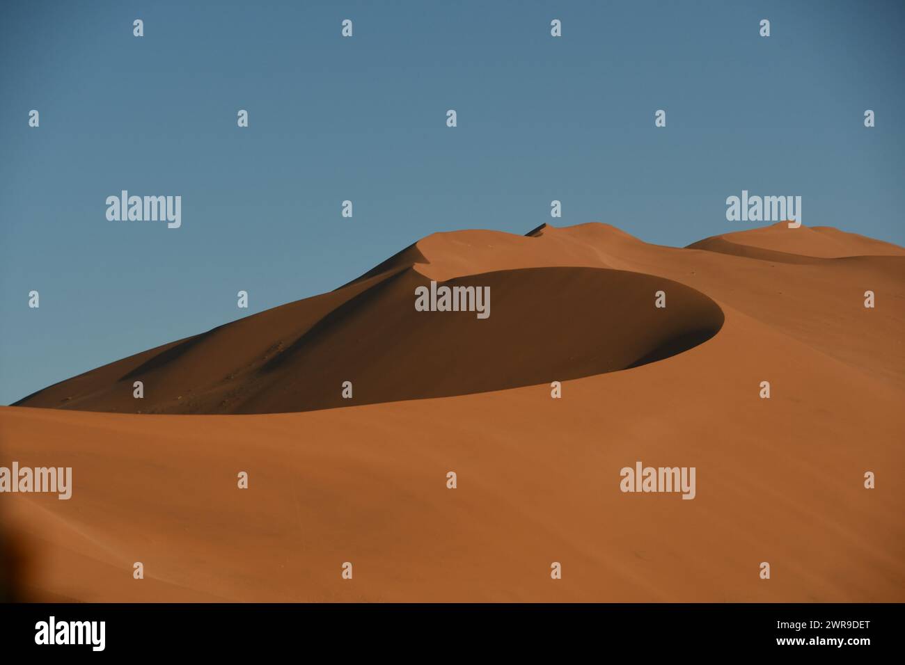 Catturata nel cuore della Namibia, questa immagine ti trasporta in un regno di eterea bellezza e sconfinata meraviglia. Ammira le maestose dune del deserto Foto Stock